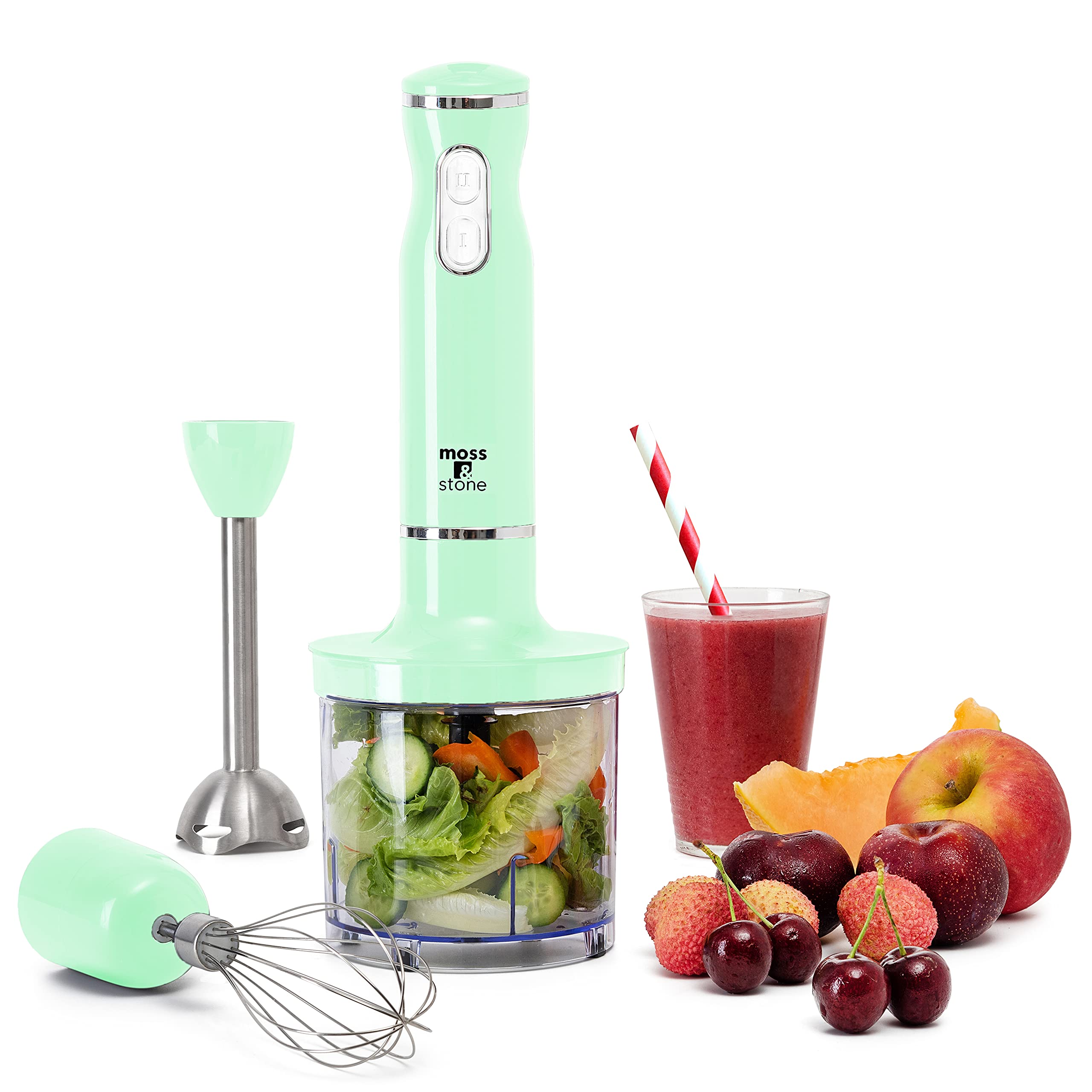 **300W Electric Hand Blender with Stainless Steel Blades - Moss & Stone Stick Blender with Egg Whisk & Chopper - Powerful Hand Mixer for Smoothies, Soups & Baking - Ergonomic Handle for Easy Use**