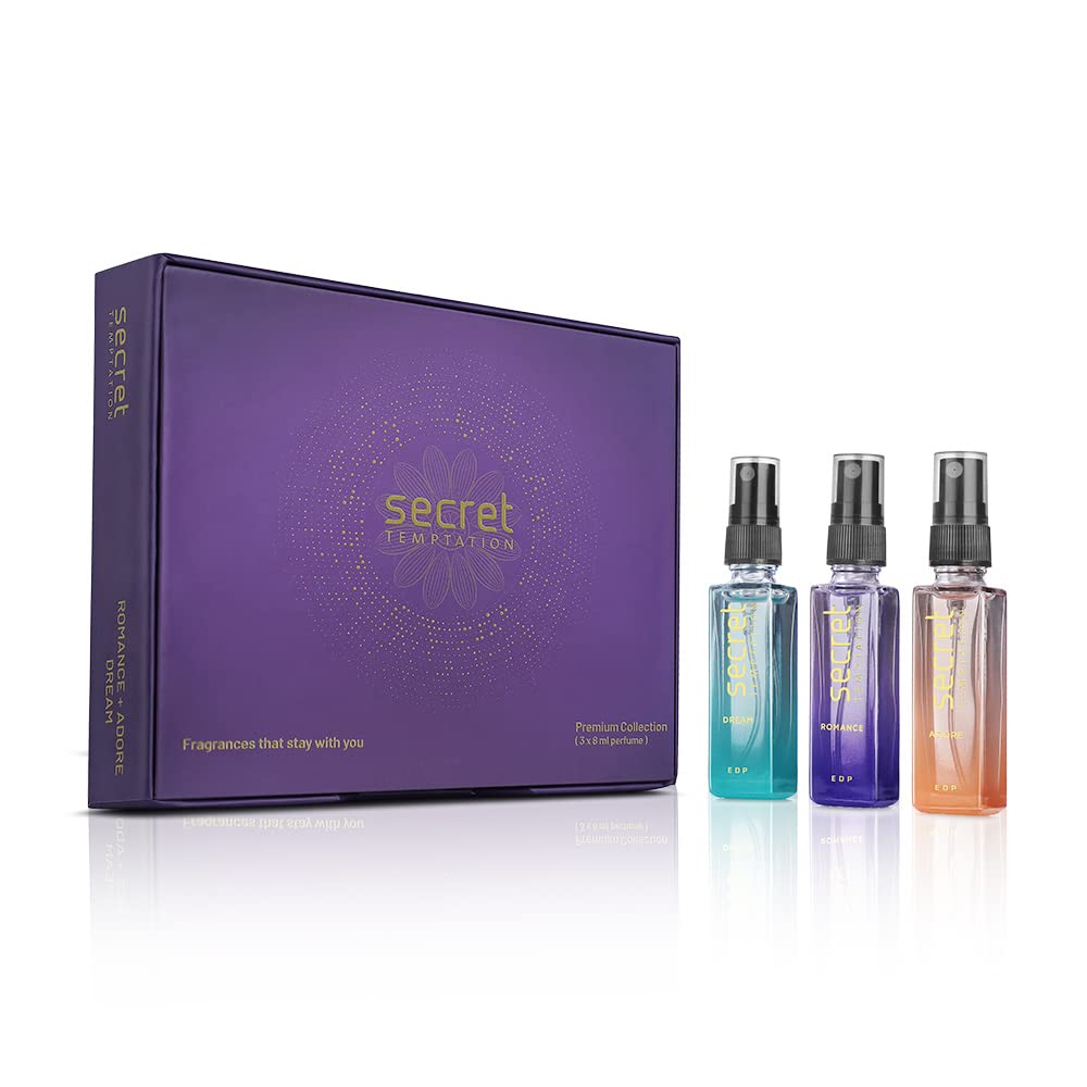 Secret Temptation Women's Perfume Gift Set - Adore, Romance & Dream Fragrances | Long Lasting Floral Scent Perfume Spray (8ml Each) | Perfect for Valentine's Day, Anniversary & Birthday Gifts