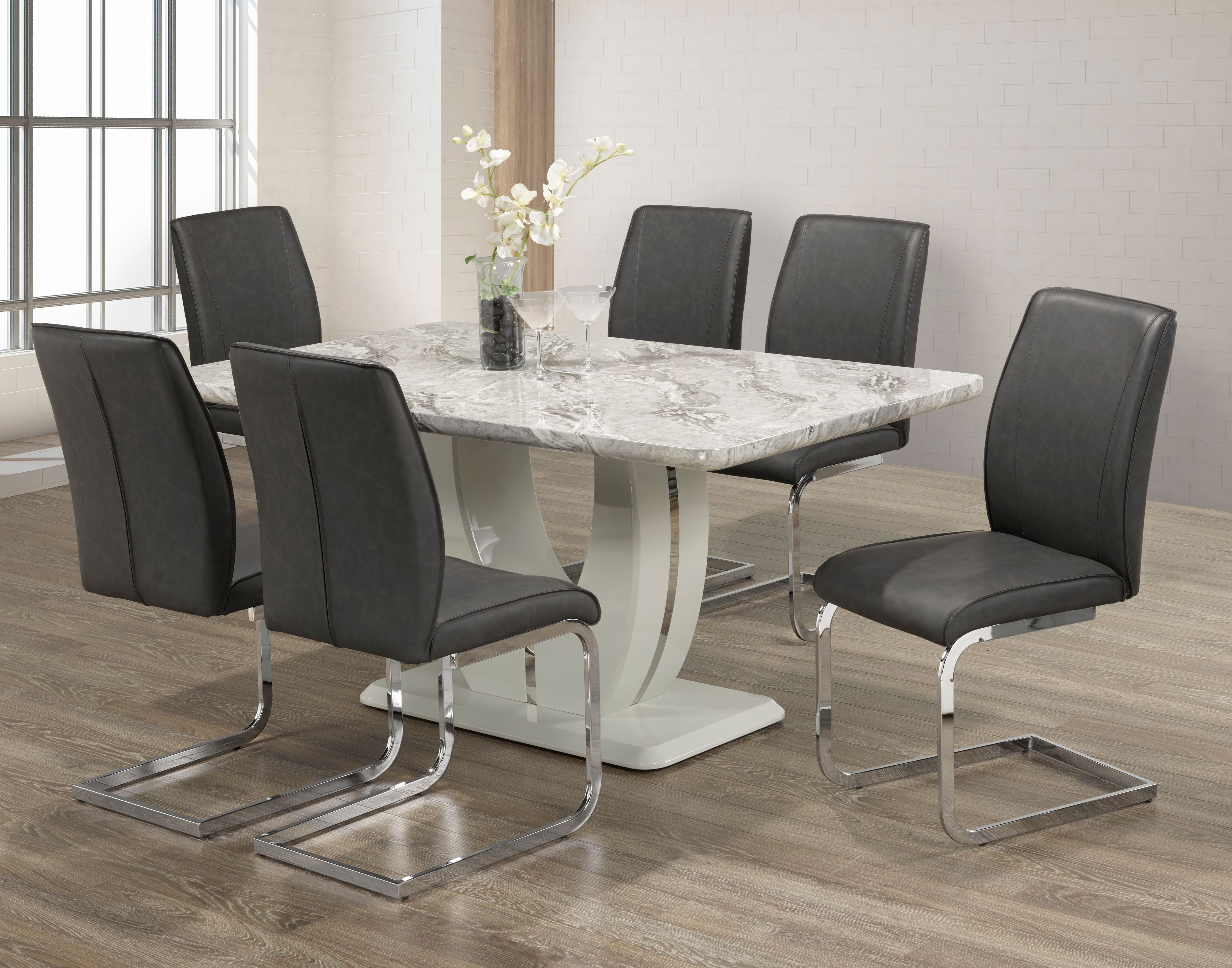 7-Piece Grey Dining Set - Modern Kitchen & Dining Room Table & Chairs for Family Meals & Entertaining
