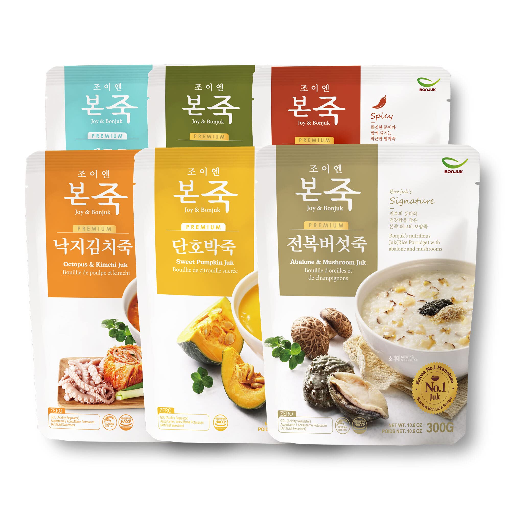 BONJUK Korean Rice Porridge 6-Day Meal Kit – 6 Pack (10.6oz Each) – Abalone Mushroom, Spicy Seafood Jjamppong, Vegetable, Octopus Kimchi, Sweet Pumpkin & Seafood Flavors – Quick Healthy Breakfast & Lunch for Busy Professionals