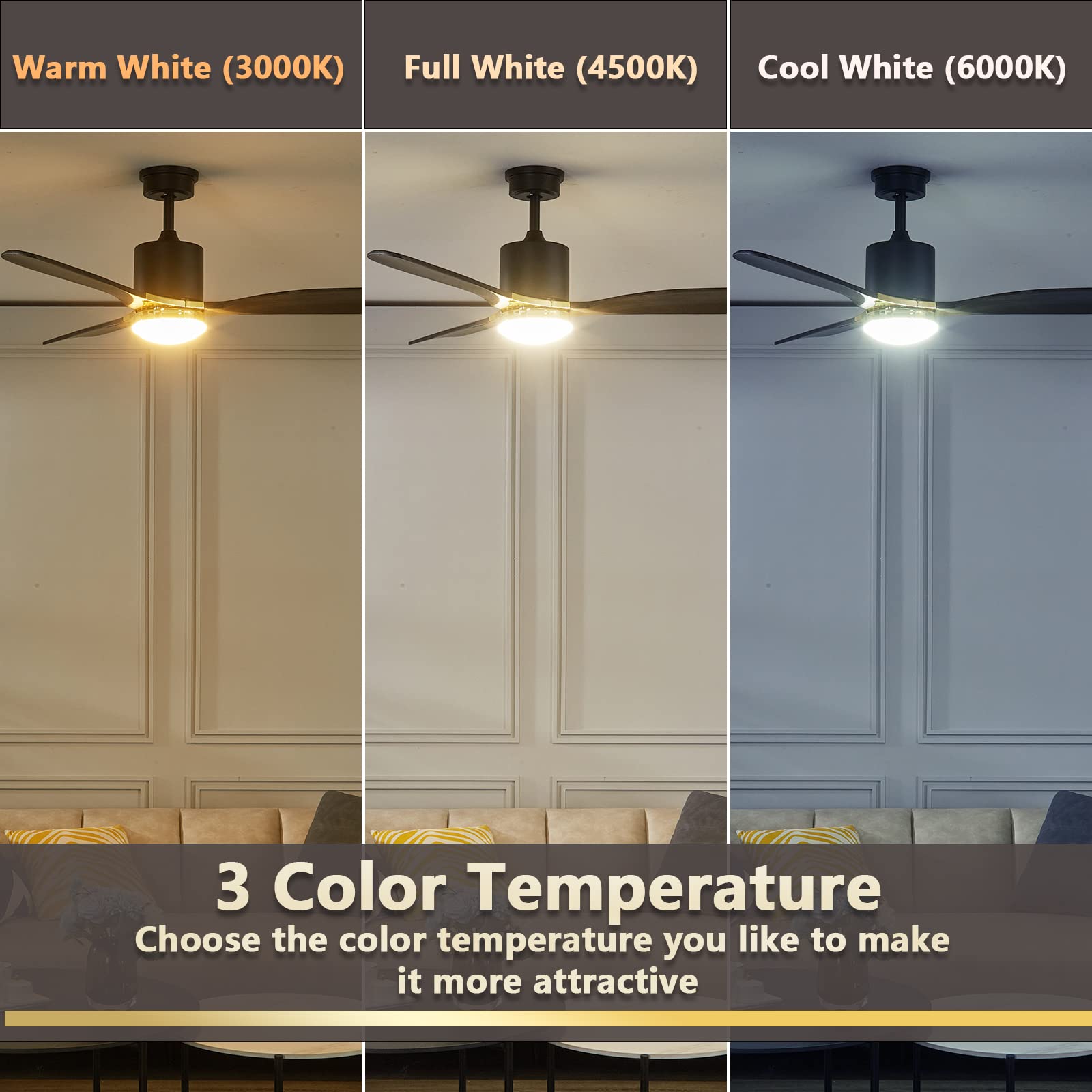 52 Inch Modern Wood Ceiling Fan with Light & Remote Control - 3 Blade Indoor Ceiling Fan with Adjustable Speeds - Perfect for Living Room, Bedroom, and Office Spaces