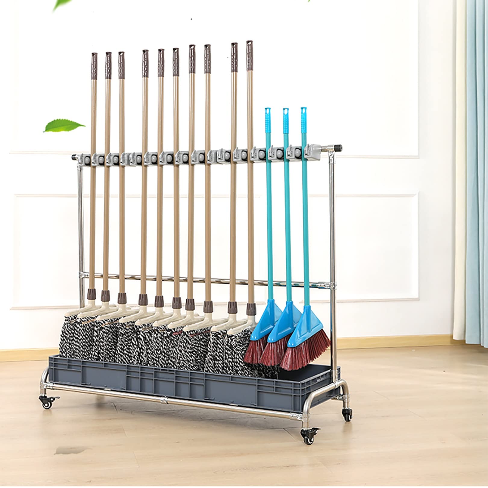 **Stainless Steel Broom and Mop Holder Organizer - Adjustable & Mobile Cleaning Tool Cart for Garage, Hotel, School, Restaurant - Perfect for Closet Storage & Utility Room Organization**