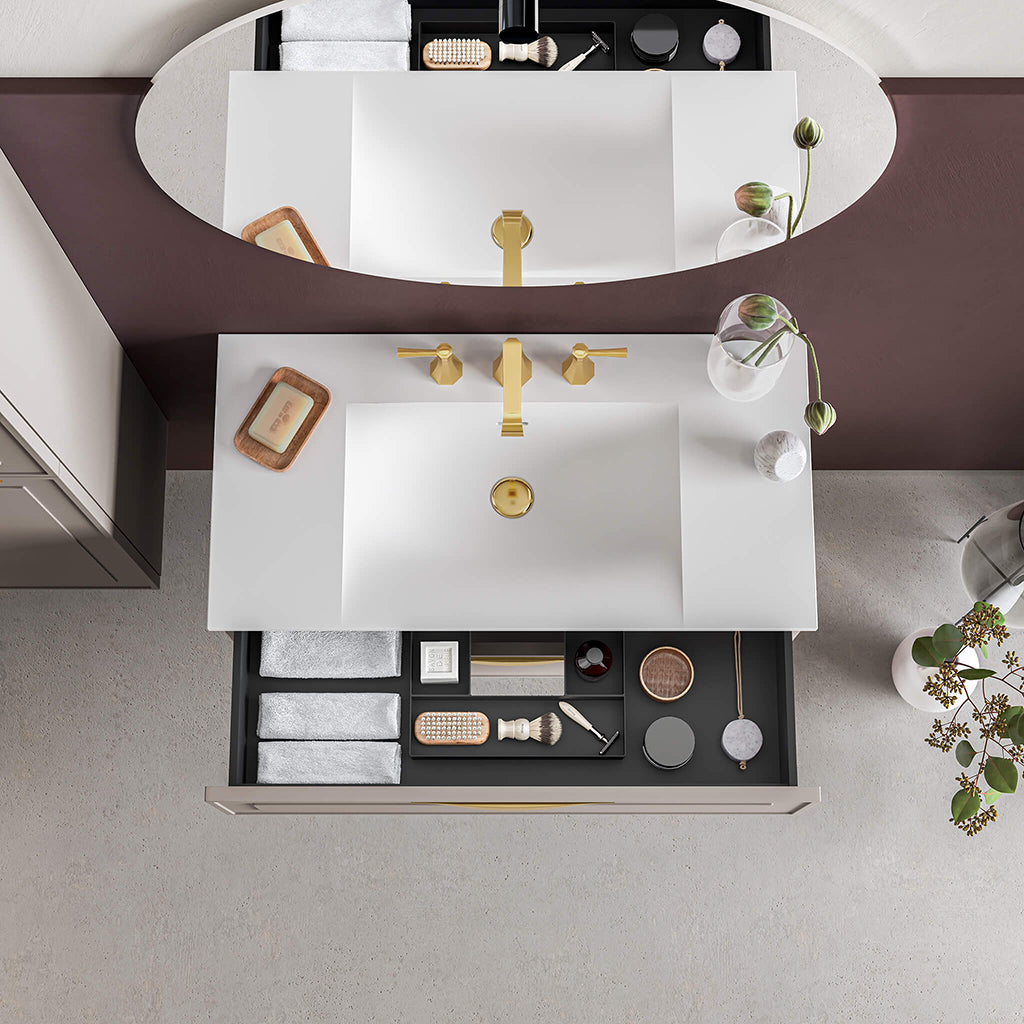 Deville 2 Drawers Wall Mount Bathroom Vanity - 36 Inch Solid Surface Matte White MDF Cabinet with Light Wood & Brushed Gold Accents (No Faucet Hole) - Perfect for Small Bathrooms, Powder Rooms & Modern Home Decor