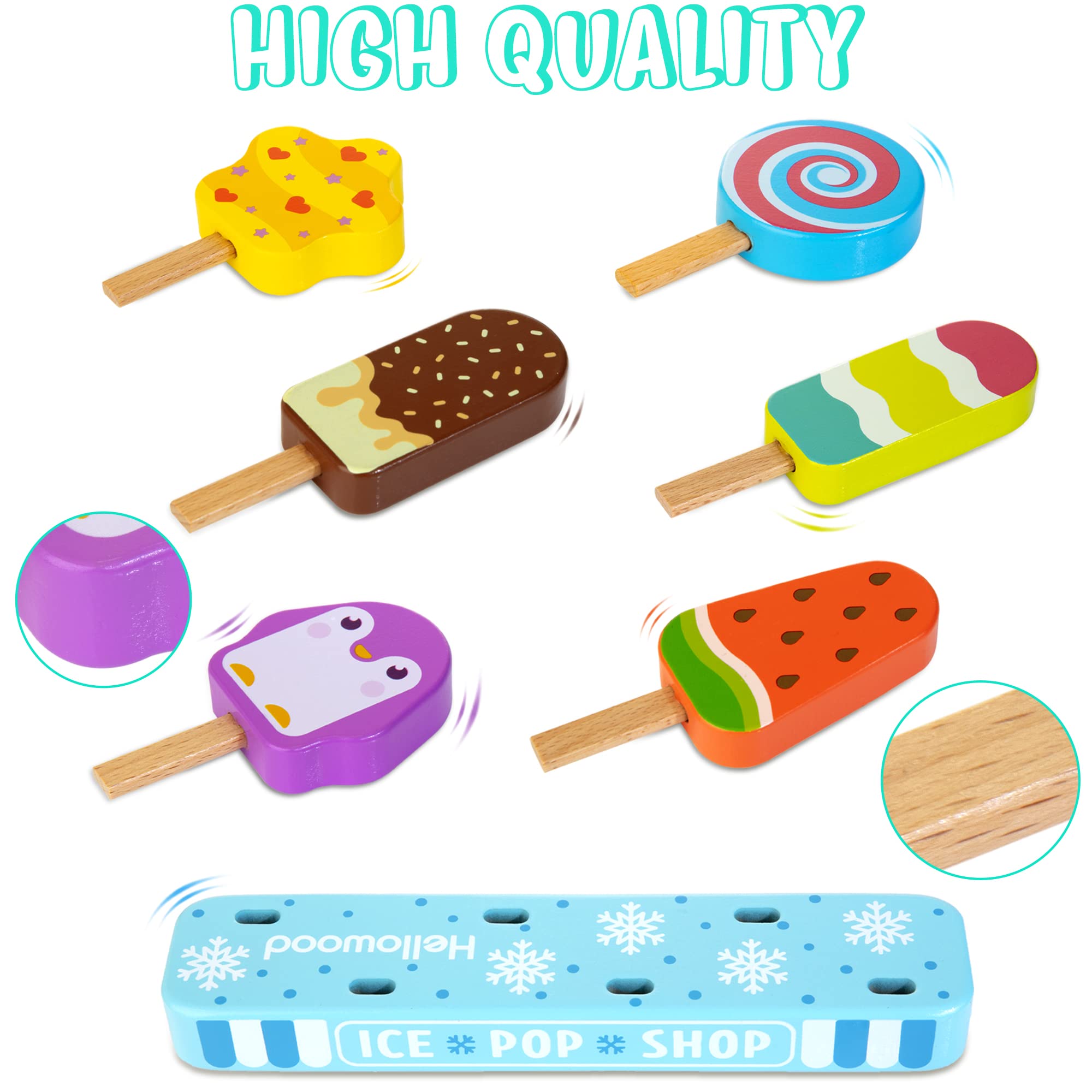 Wooden Ice Cream Pretend Play Set for Kids - 7 Piece Realistic Popsicle Toy Food, Montessori Learning Toys for Toddlers Ages 2-4 - Perfect for Summer Role Play & Preschool Classroom Activities