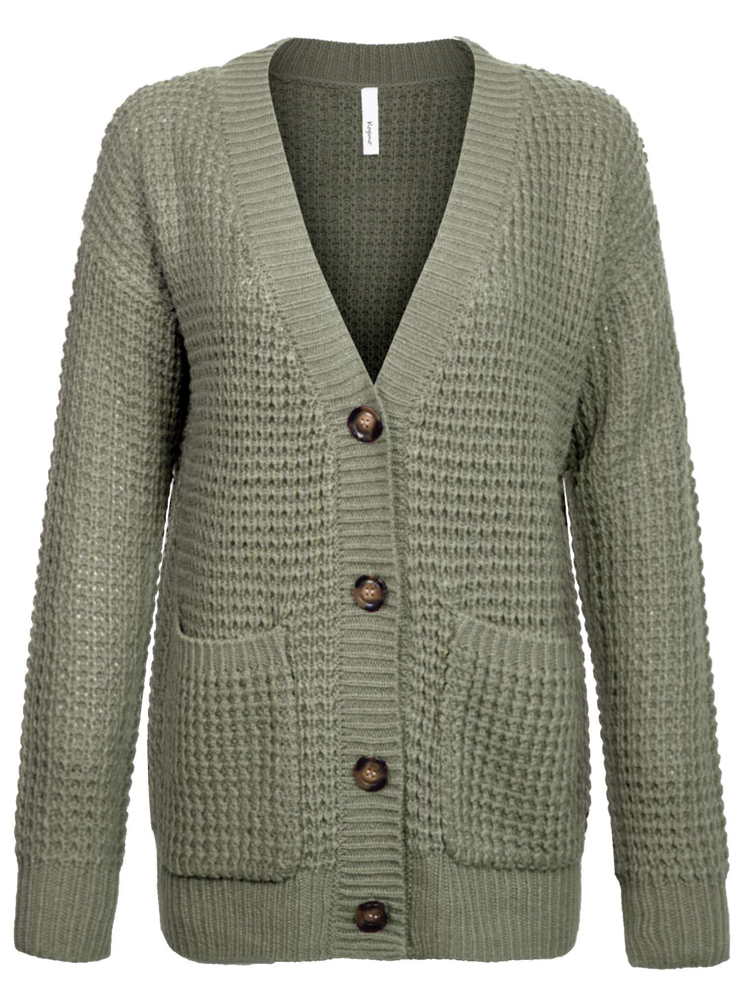 KOGMO Women's Waffle Knit Button Front Cardigan with Pockets - Cozy Fall Winter Sweater for Casual Outfits & Layering