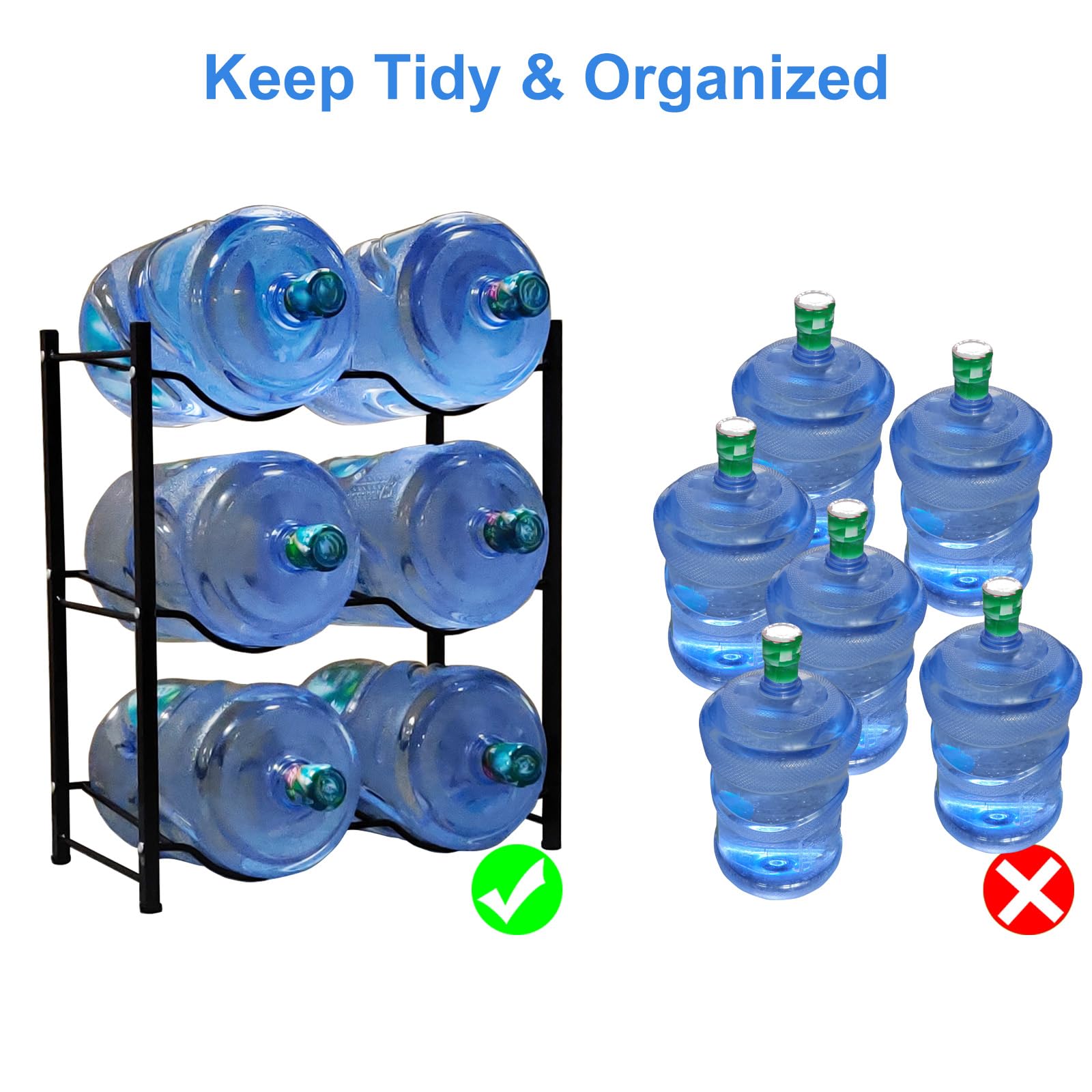 5 Gallon Water Bottle Holder - Heavy Duty 3-Tier Storage Rack for Water Cooler Jugs | Holds 6 Bottles | Black | Perfect for Office, Home & Commercial Water Dispensers