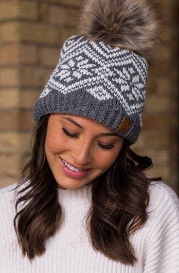 Grey and White Snowflake Pom Beanie - Winter Knit Hat for Women & Men - Cozy Warm Fleece Lined - Perfect for Skiing, Snowboarding & Outdoor Winter Activities