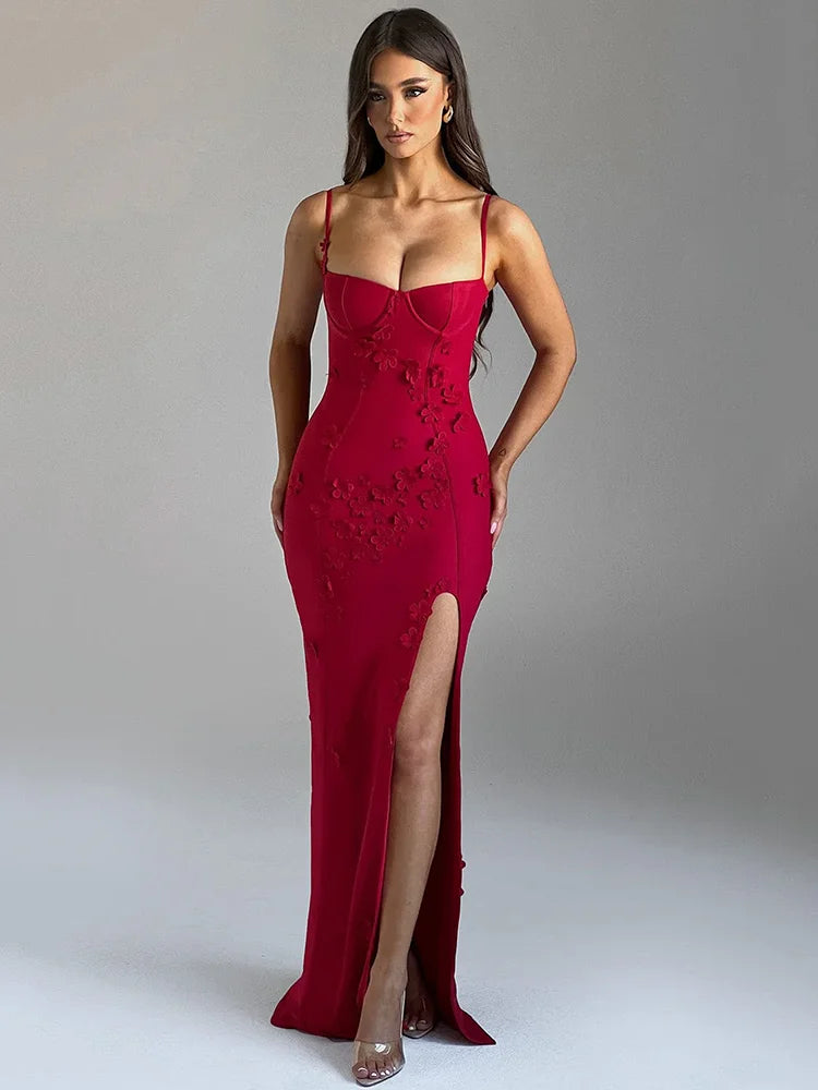 3D Floral Spaghetti Strap Sexy Maxi Dress for Women - Off Shoulder Backless Thigh High Split Evening Gown | Perfect for Club Parties, Date Nights & Summer Vacations