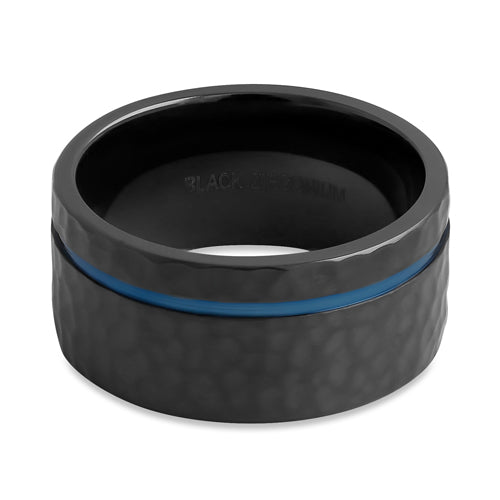 Black Zirconium Hammered Brushed Band Ring - 10mm Wide with Blue Groove, Durable & Hypoallergenic Men's Wedding Band, Perfect for Anniversary, Engagement & Everyday Wear