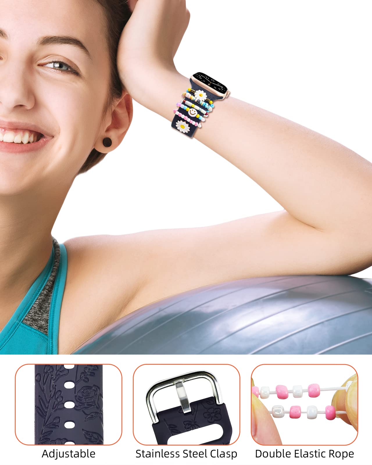 Floral Engraved Apple Watch Bands 38mm 40mm 41mm - Soft Silicone Replacement Strap for iWatch Series SE 8 7 6 5 4 3 2 1 - Women's Sport Wristband with Charms - Perfect for Workouts, Daily Wear & Fashion Accessories