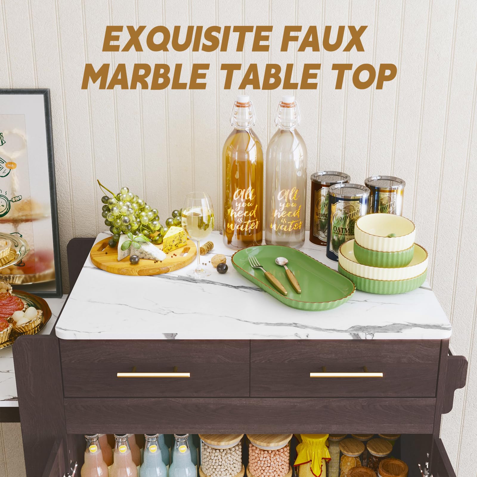 HLR Extendable Kitchen Island with Marble Grain Top & Pull-Out Table - Rolling Cart with 2 Wide Drawers & Storage - Mobile Dining Solution for Small Kitchens, Apartments & Entertaining