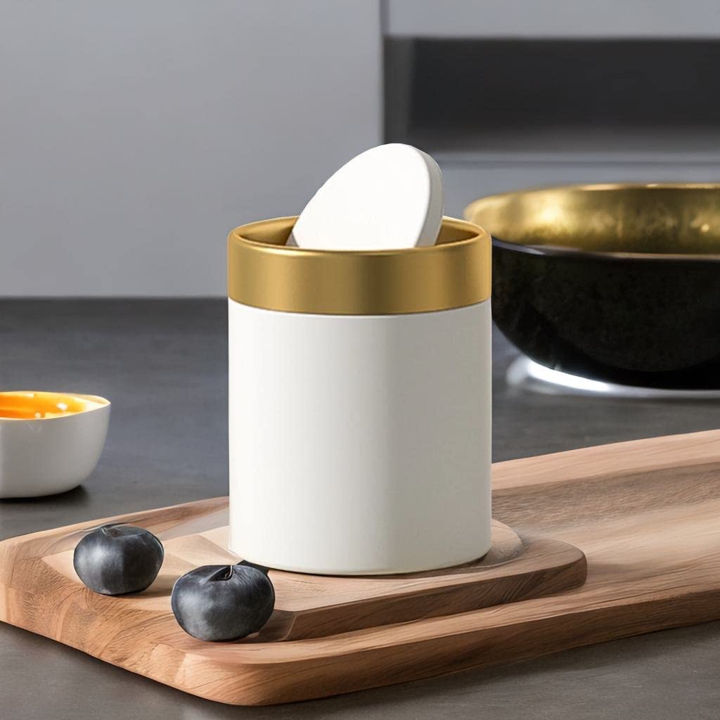 Mini Trash Can with Lid - 1.5L Small Metal Garbage Bin for Desk, Office, Kitchen Counter & Coffee Bar | Compact Waste Basket for Home & Workspace | Elegant White Design