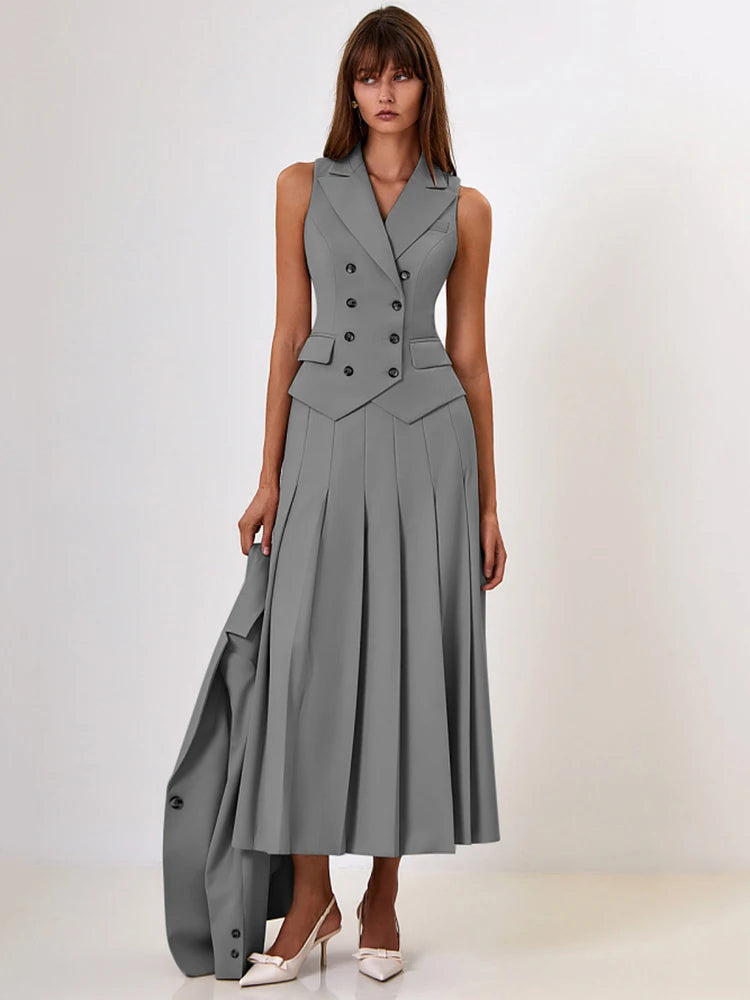 Women's Autumn Two-Piece Set - Double-Breasted Vest & Split Pleated Skirt Outfit | Fashion Matching Sets for Work, Dating & Fall Events