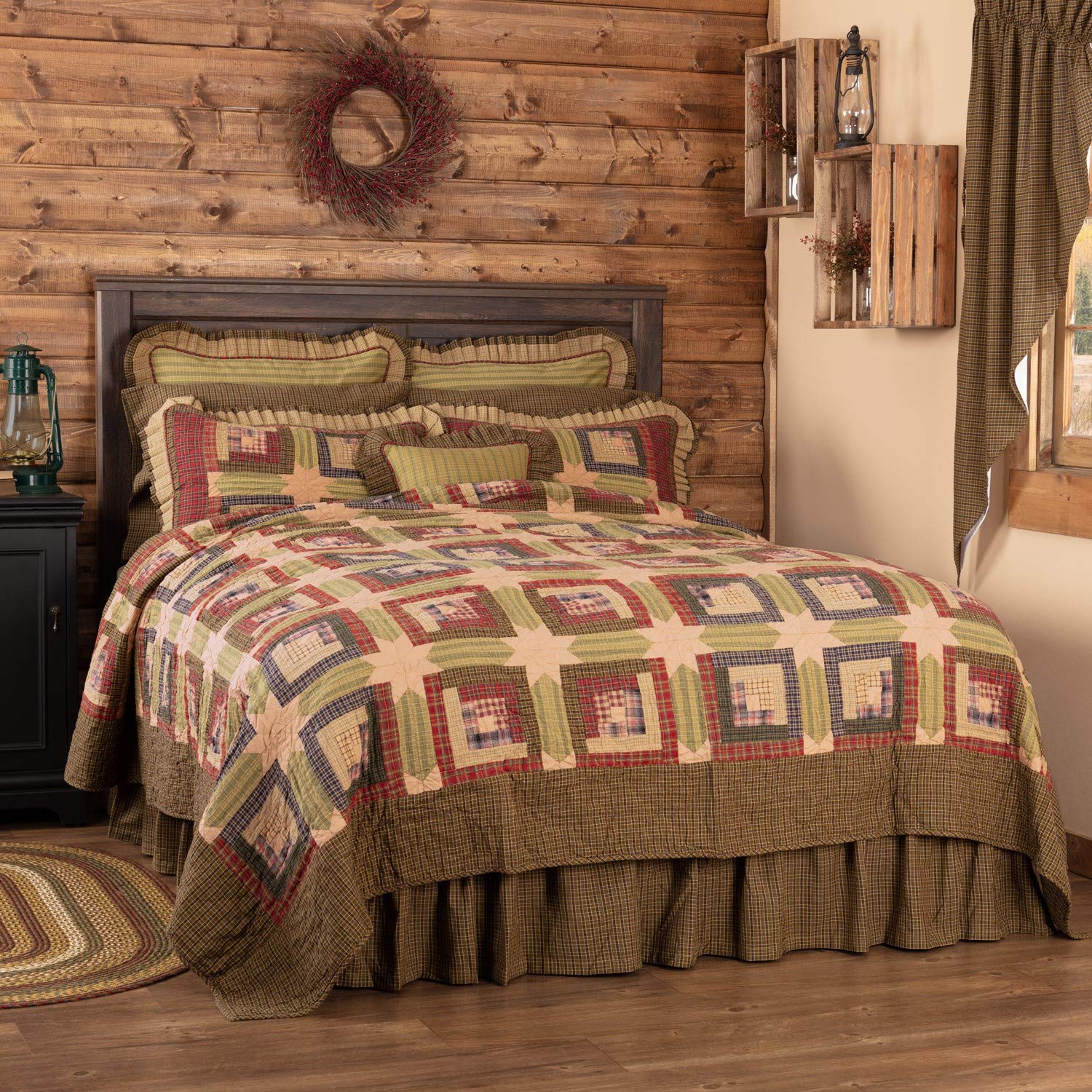 VHC Brands Twin Size Log Cabin Quilt 70x90 Inches - Rustic Lodge Design in Moss Green & Deep Red - Cozy Bedding for Country Cabins, Farmhouse Decor, and Winter Warmth