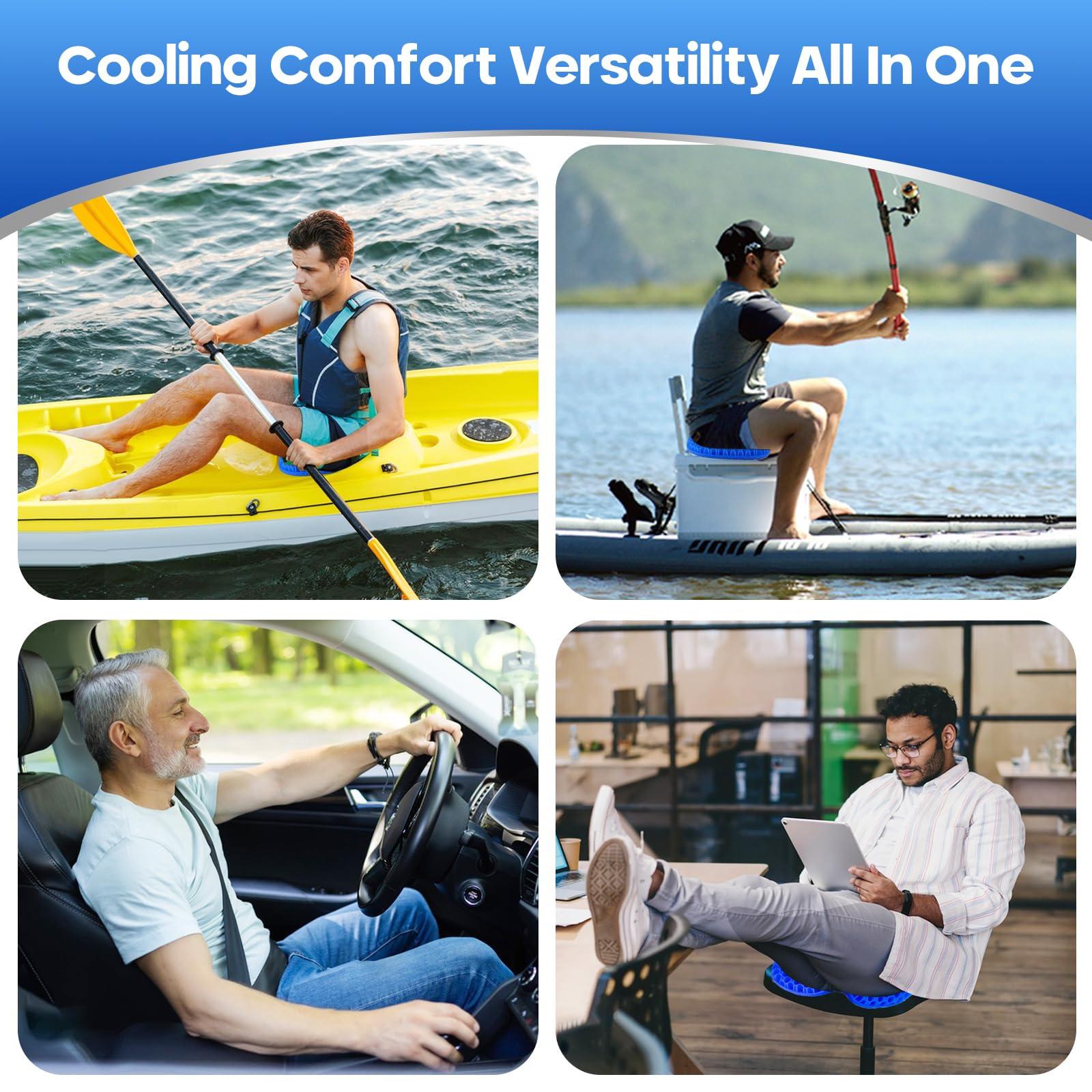 Non-Slip Kayak Seat Cushion with Waterproof Cover - Comfortable Gel Kayak Seat Pad for Inflatable Kayaks, Canoes & Fishing Boats - Ideal for Rowing, Fishing & Office Use (Blue)
