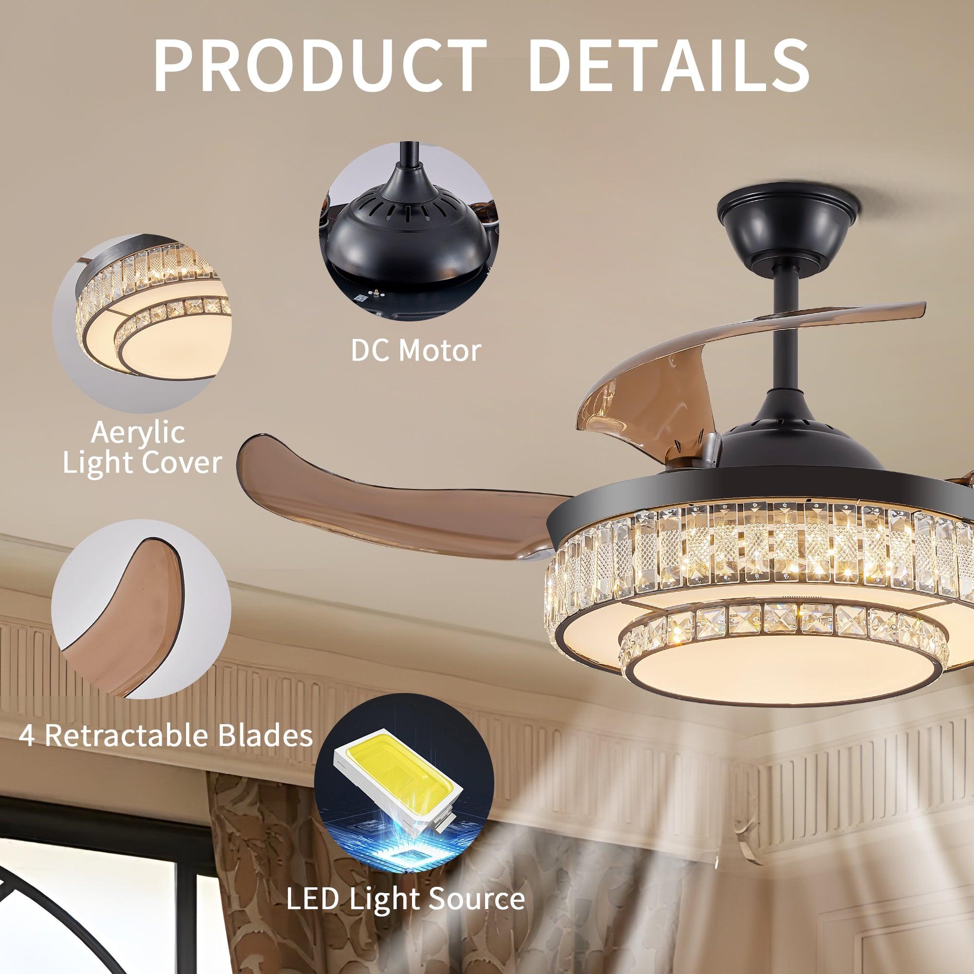 Modern LED Retractable Ceiling Fan with Light & Remote Control - Ultra Quiet Reversible 4-Blade Design for Kitchen, Bedroom, Dining Room & Patio | Energy Efficient Cooling & Stylish Home Decor