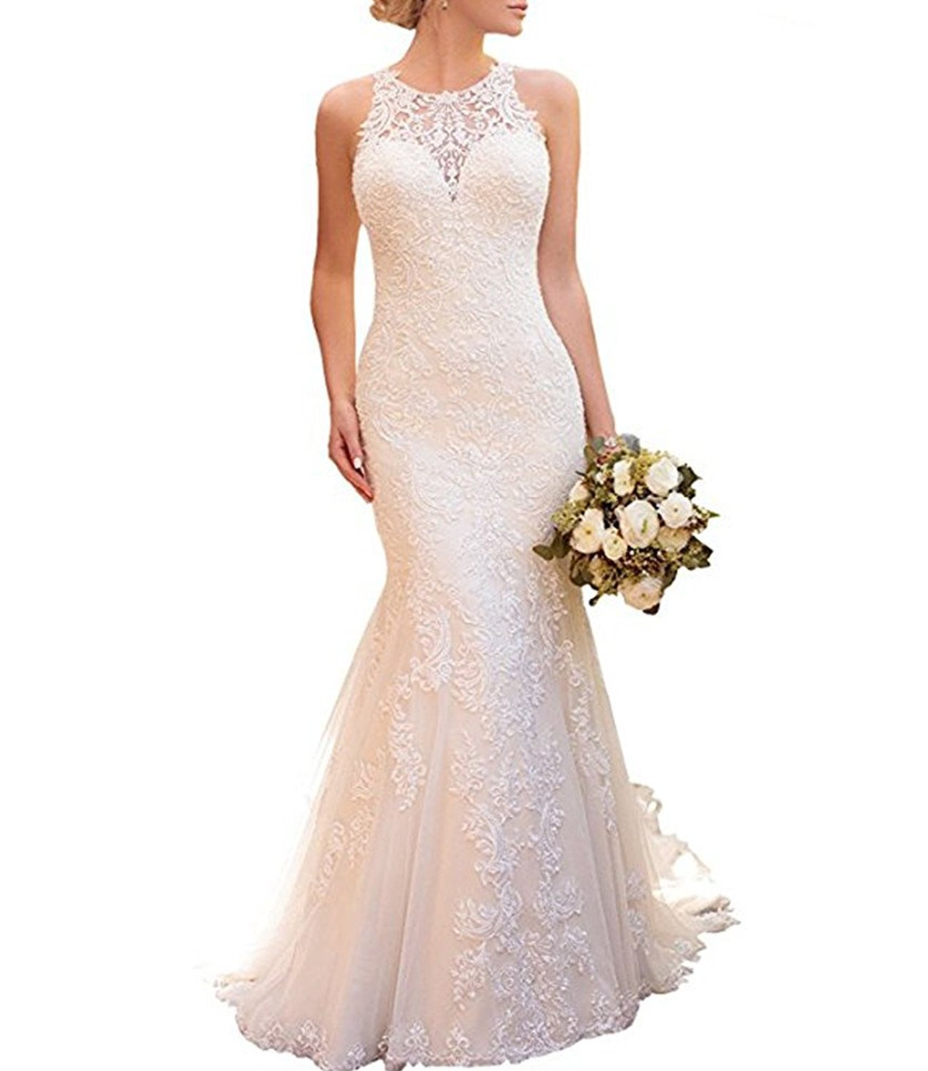 Elegant Halter Mermaid Wedding Dress with Lace Appliques & Sheer Back - White Bridal Gown for Beach, Church, and Formal Ceremonies
