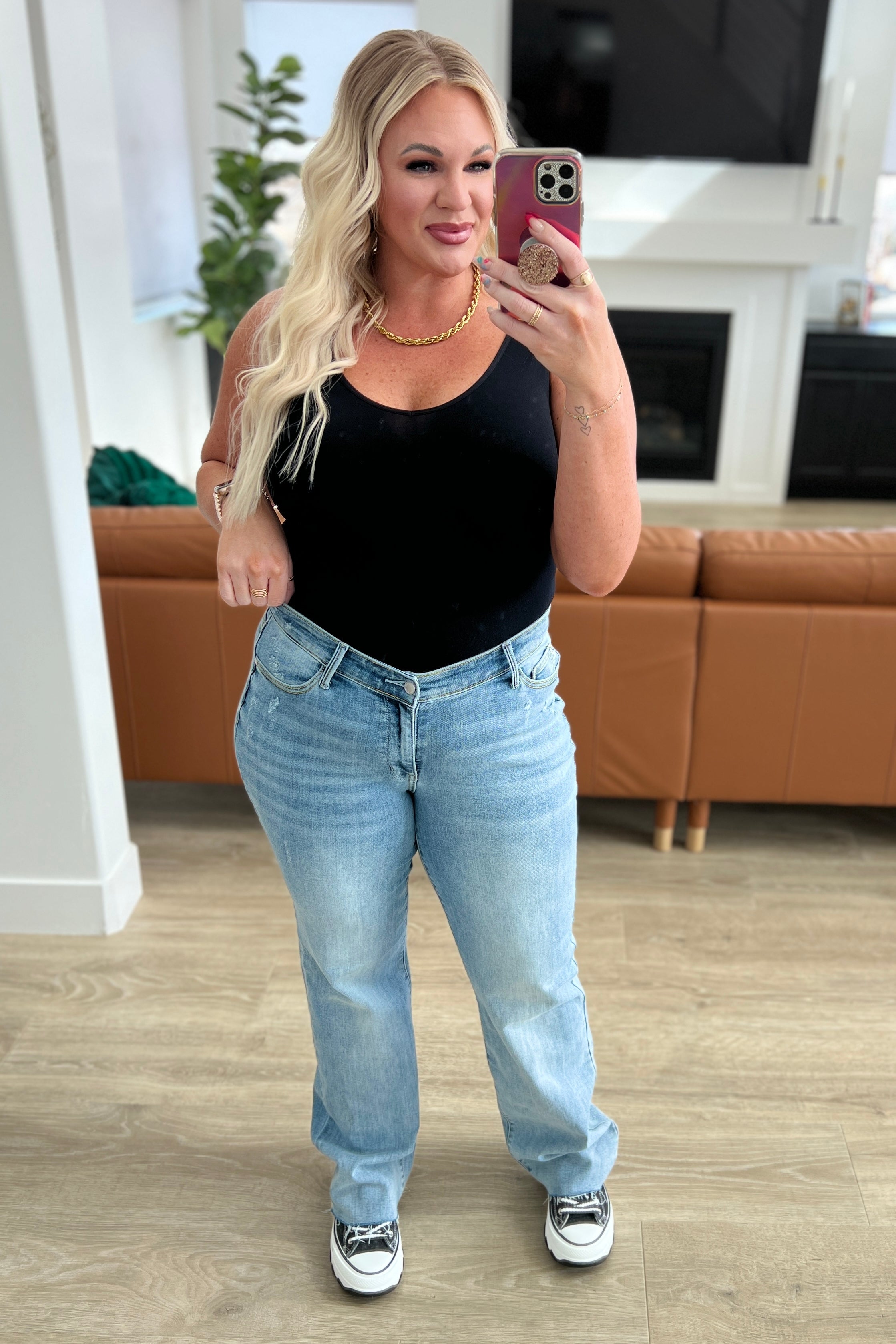 Mildred High Rise V Front Waistband Straight Leg Jeans for Women - Slimming & Comfortable Denim Pants for Casual Wear, Office, and Date Night
