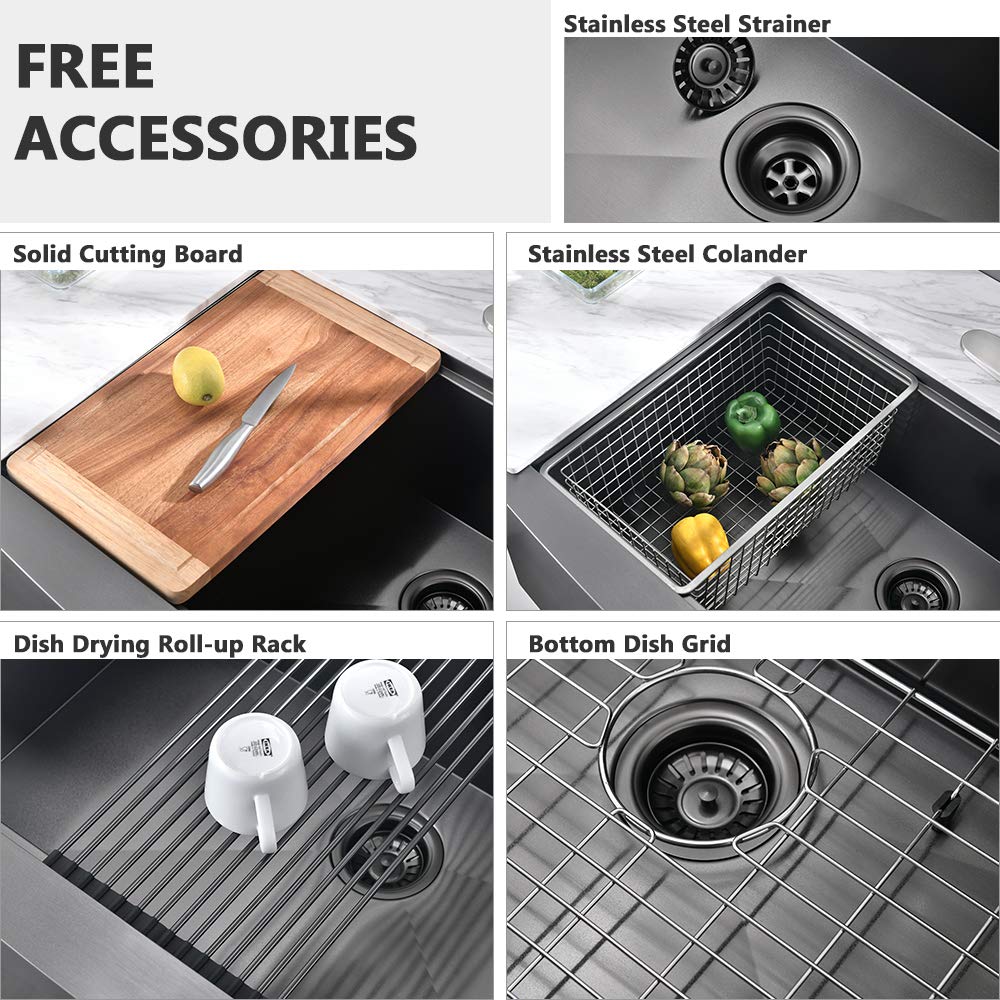 30 Inch Black Farmhouse Sink Workstation - VASOYO 30x22 Black Stainless Steel Apron Front Kitchen Sink with Cutting Board, 16 Gauge 10 Inch Deep Single Bowl for Modern Farmhouse, Rustic & Industrial Kitchens - Perfect for Meal Prep, Washing Large Pots & Entertaining