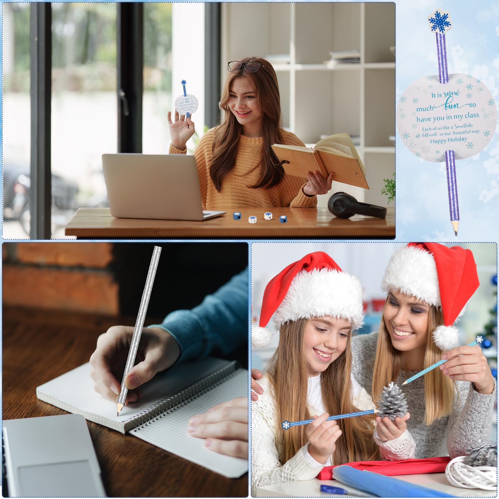 Jetec 20 Sets Christmas Glitter Pencils with Snowflake Eraser Toppers & Snowflake Cards - Fun Holiday Pencils for Students, Teachers, Classroom Party & Winter Gift Exchange - Perfect for School Rewards, Christmas Crafts & Festive Writing