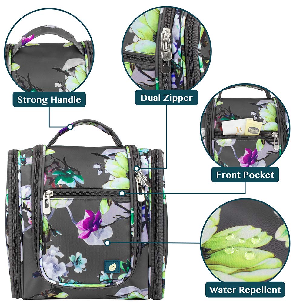PAVILIA Hanging Toiletry Bag for Women & Men - Large Waterproof Travel Cosmetic Organizer with Multiple Pockets for Makeup, Accessories & Toiletries - Perfect for Vacation, Gym & Business Trips (Floral Grey)