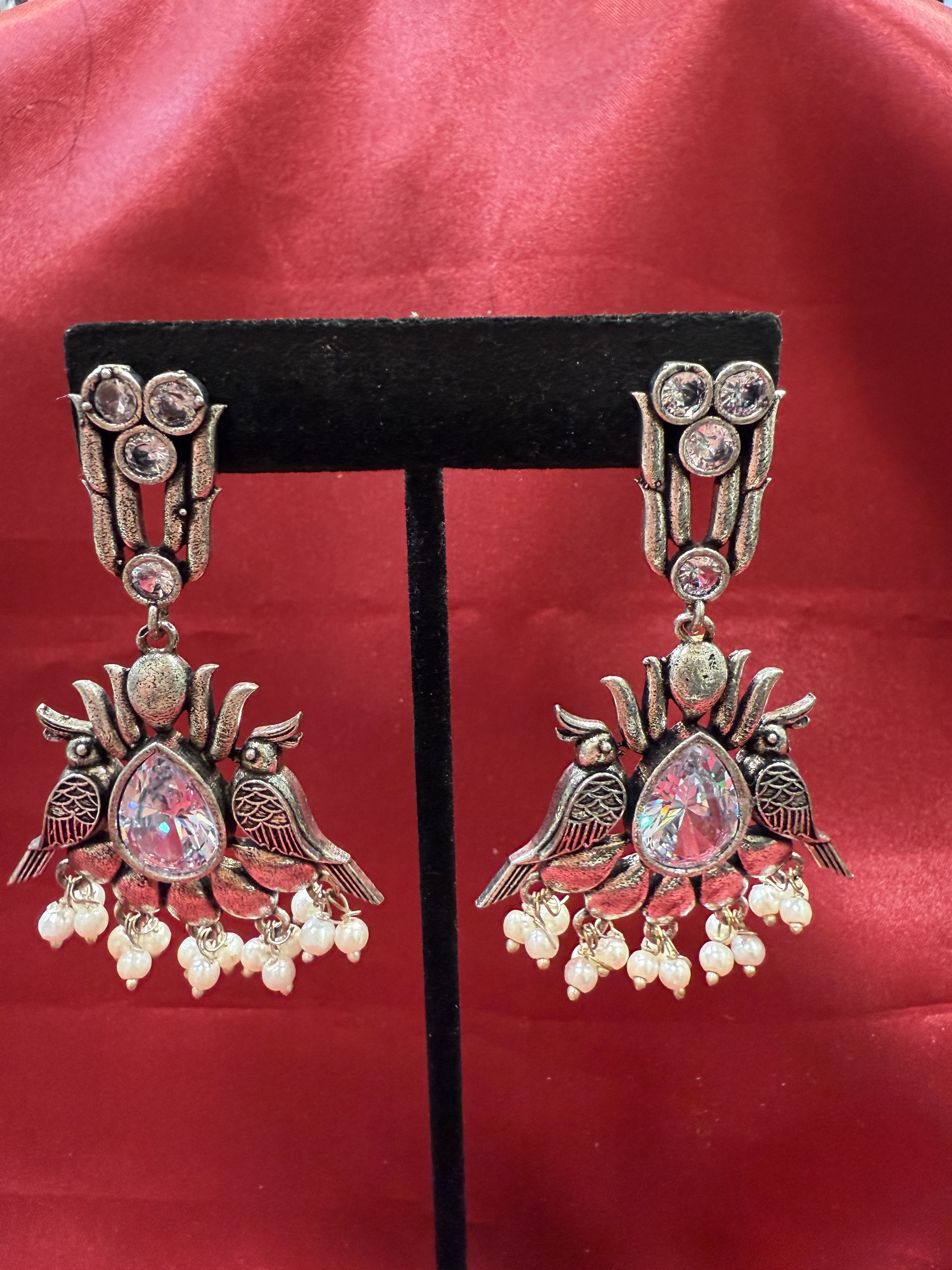 Elegant Silver Stone Beaded Oxidized Bird Design Earrings for Women - Perfect for Parties, Weddings & Everyday Wear