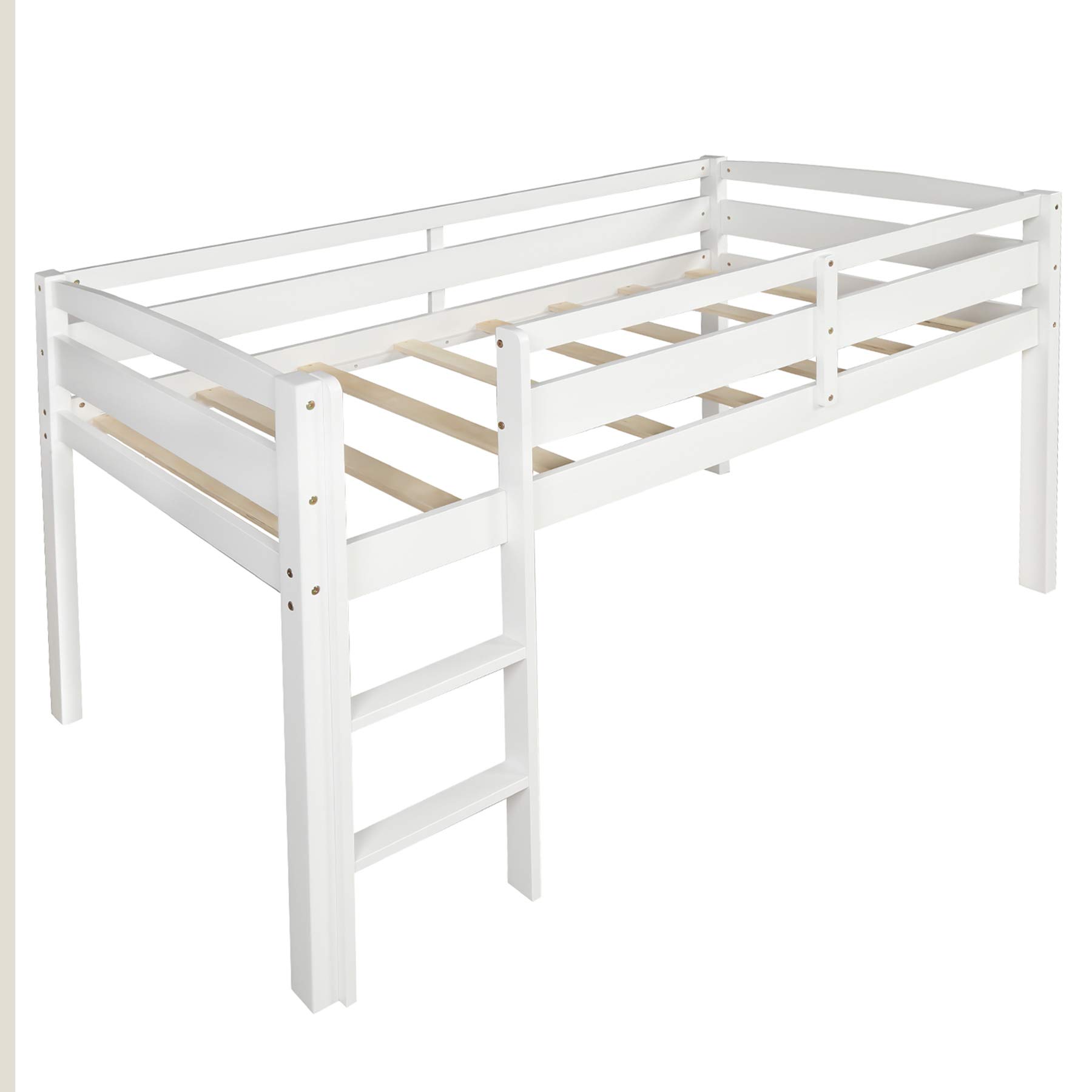 P PURLOVE Twin Loft Bed with Ladder - Sturdy Wood Low Loft Bed Frame for Kids & Teens - No Box Spring Needed - White - Perfect for Small Bedrooms, Dorm Rooms & Space-Saving Kids' Rooms