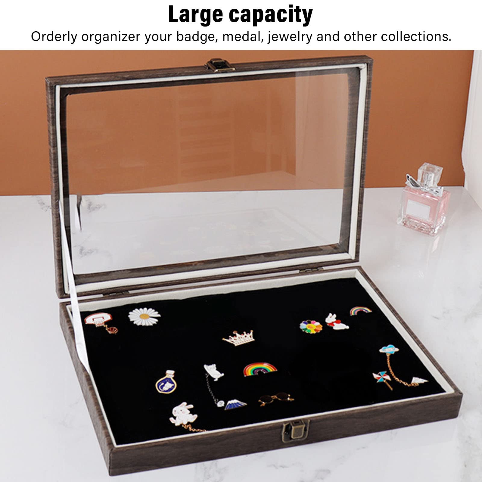 Premium PU Leather Shadow Box Display Case for Jewelry, Badges, Medals & Coins - Elegant Black Collector's Storage Box with Glass Front - Perfect for Showcasing Pins, Military Insignia, Awards & Memorabilia (Home Decor, Office Display, Gift Presentation)