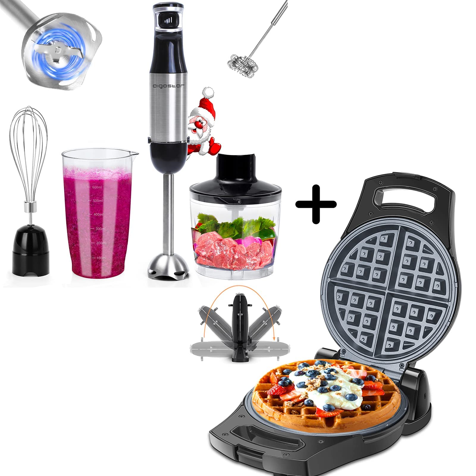 Aigostar 5-in-1 Hand Blender & Waffle Maker Set - Powerful 300W Immersion Blender with 5 Attachments for Smoothies, Soups, Baby Food - Perfect for Kitchen, Baking, Breakfast, Gifts