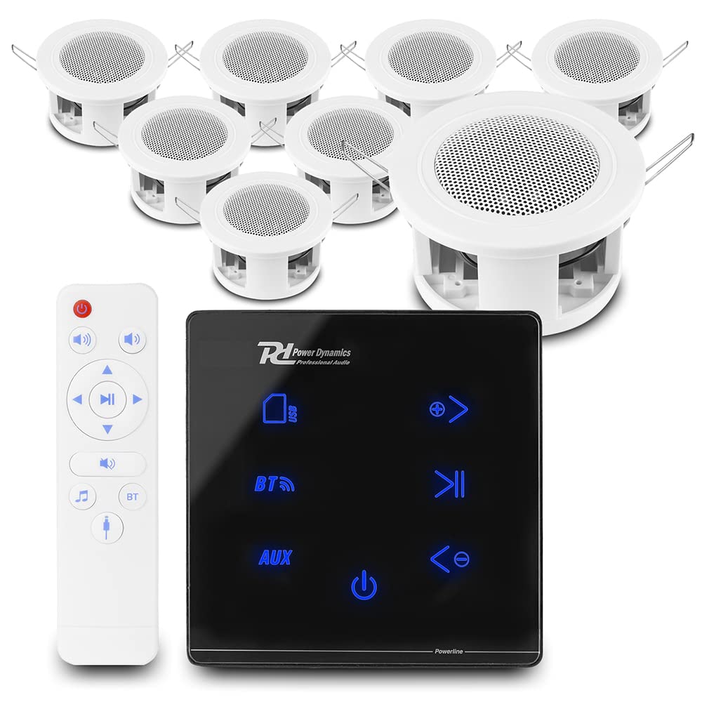 Power Dynamics Bluetooth Ceiling Speakers System with Powerline A100B In-Wall Amplifier - 8x CSBA3L Compact Ceiling Mount Speakers for Home Theater, Office & Background Music - Includes Remote & Speaker Cable (Black)