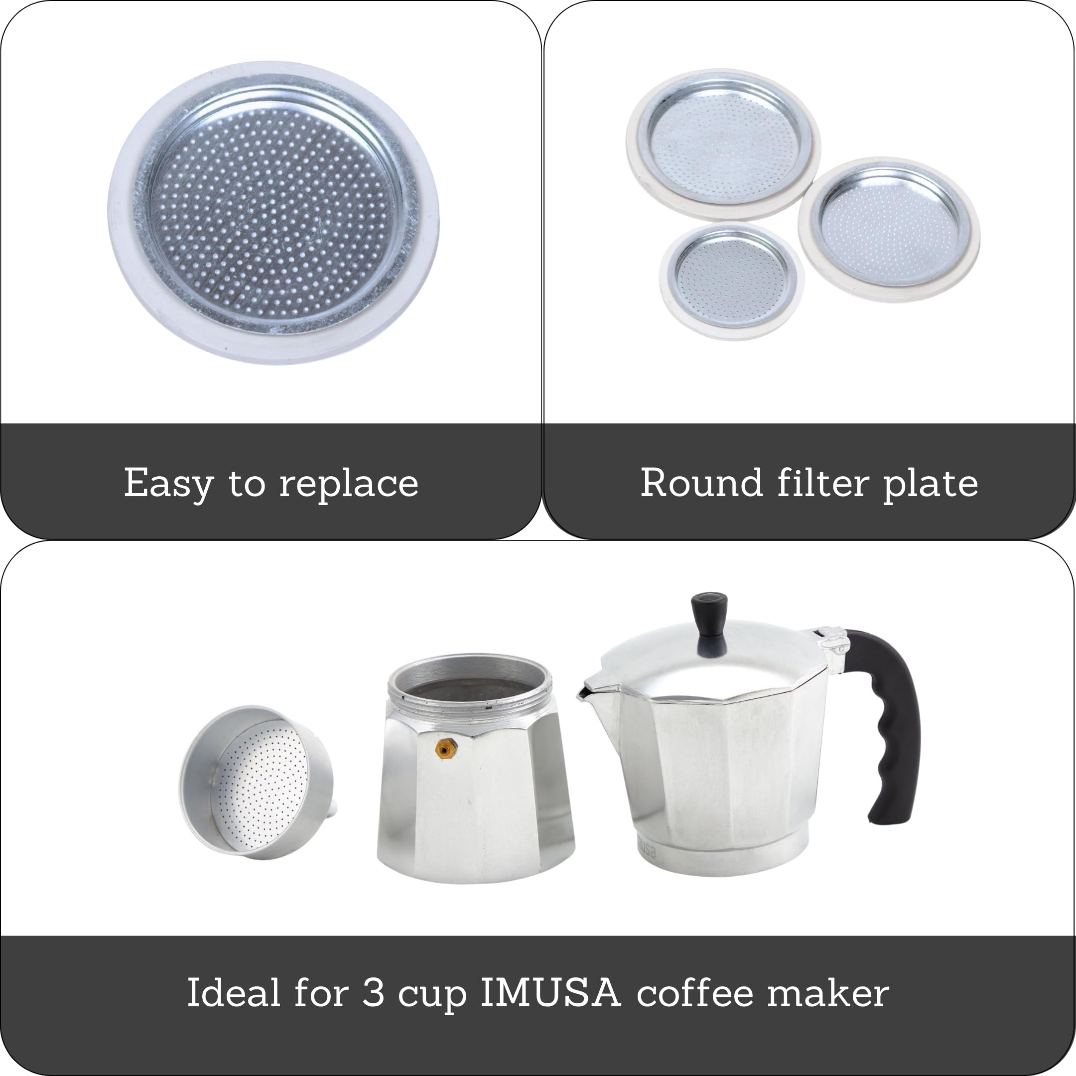 IMUSA USA 3 Cup Aluminum Stovetop Espresso Maker Replacement Parts - Rubber Ring & Filter Kit for Moka Pot | Perfect for Home Coffee Brewing & Italian Espresso Making
