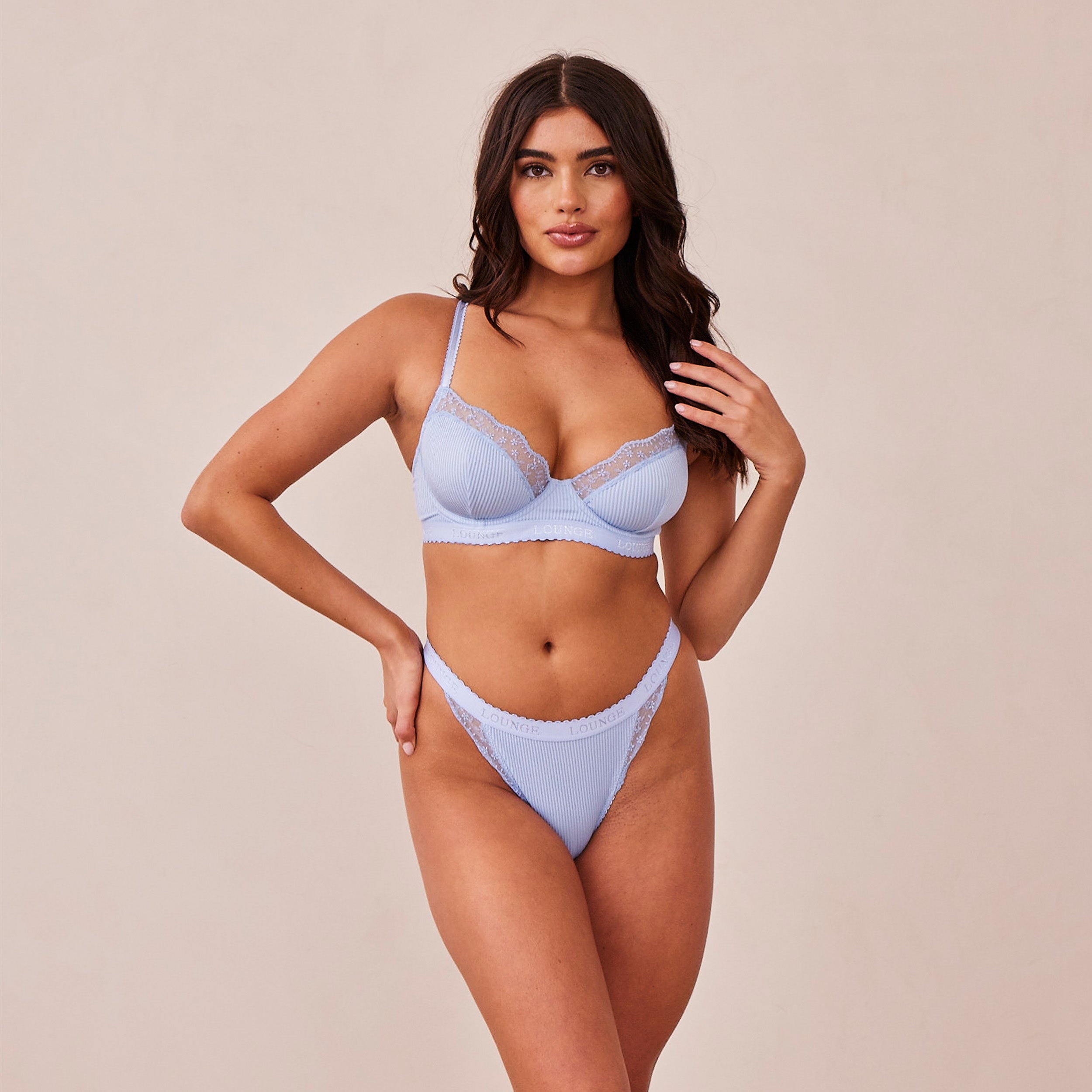 Ribbed Balcony Bra - Comfortable Lace Underwire Push Up Bra in Blue | Perfect for Everyday Wear & Special Occasions