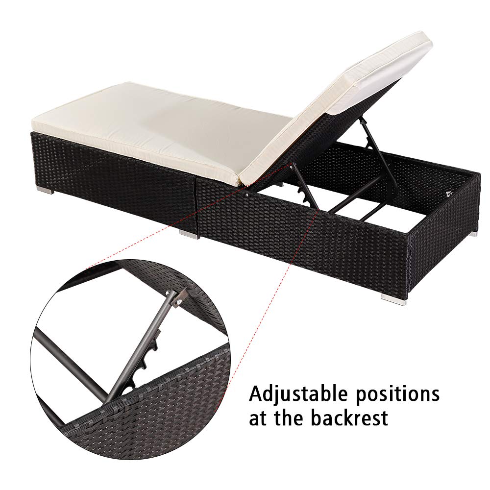 VINGLI Adjustable Wicker Patio Chaise Lounge Chair - All Weather Rattan Outdoor Daybed with Adjustable Backrest & Soft Cushions - Perfect for Poolside, Garden, Backyard Relaxation (Black)