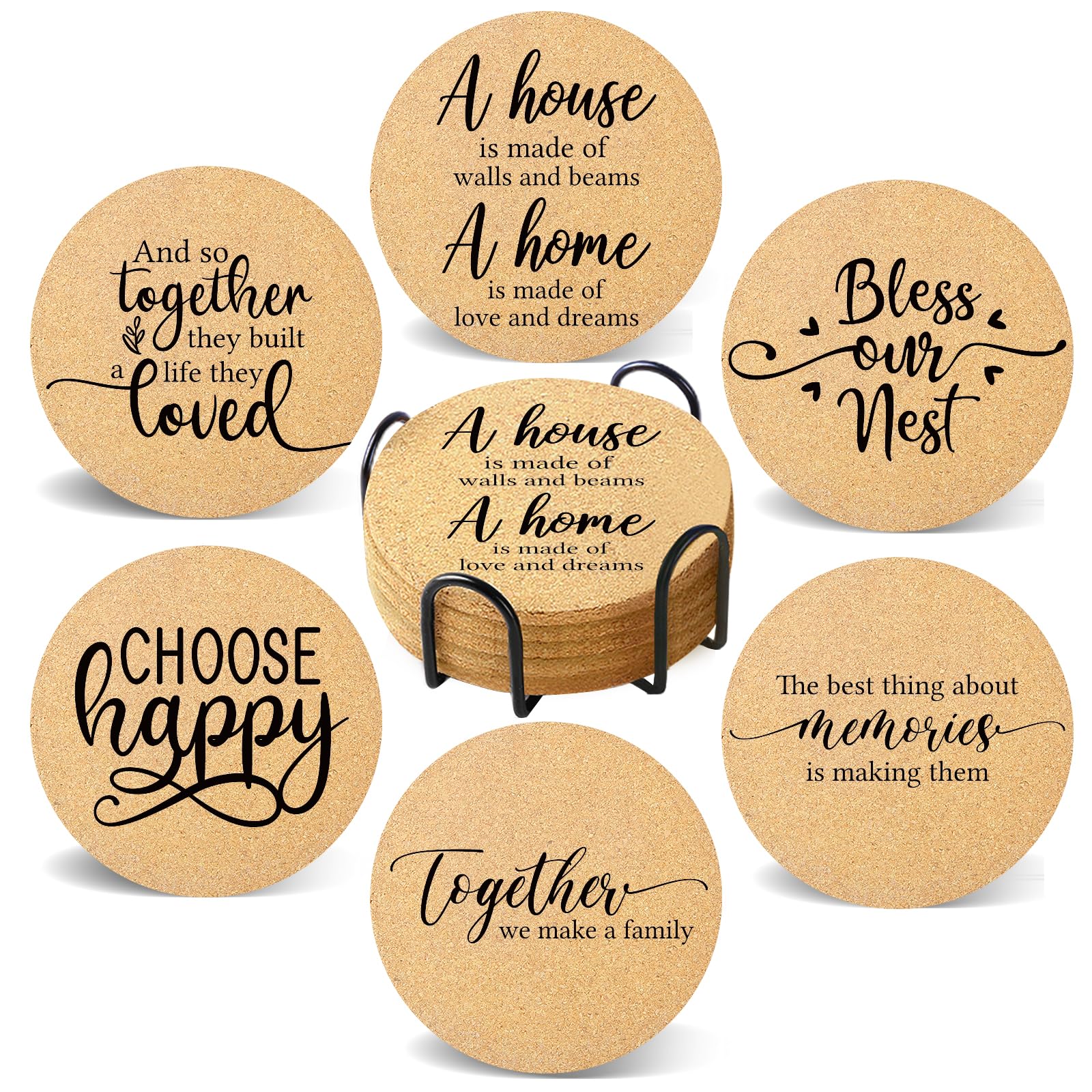 6-Pack Absorbent Cork Drink Coasters with Holder - Cute Round 4