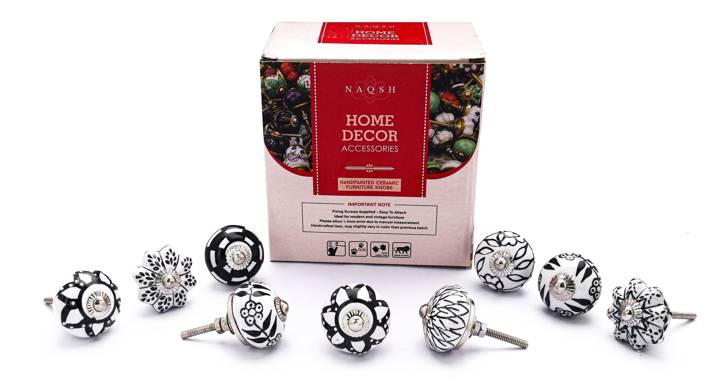 Handpainted Ceramic Drawer Knobs - Black & White Cabinet & Dresser Pulls for Kitchen, Office & Furniture (Pack of 12) - Perfect for Home Decor, DIY Projects & Cabinet Upgrades