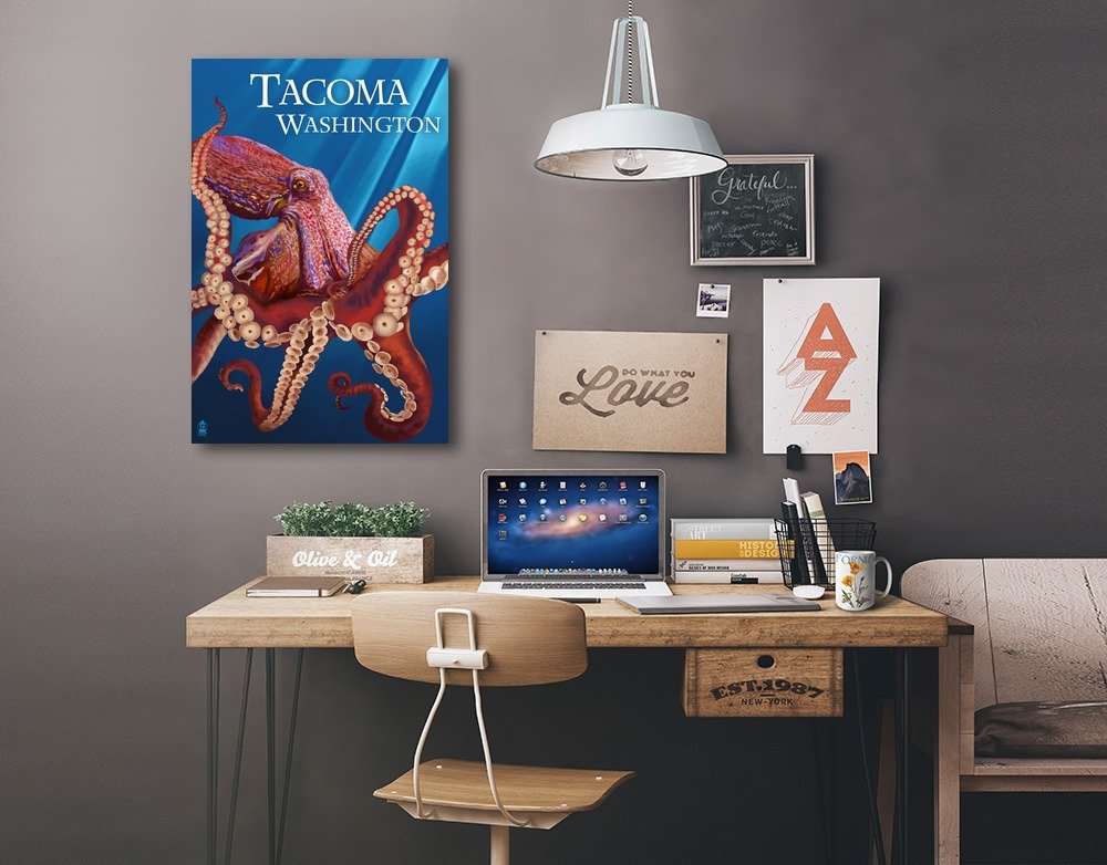 Lantern Press Tacoma Washington Red Octopus Wrapped Canvas Wall Art - 16x24 Inches, Home Decor, Living Room & Office Wall Decor, Perfect for Gifts
