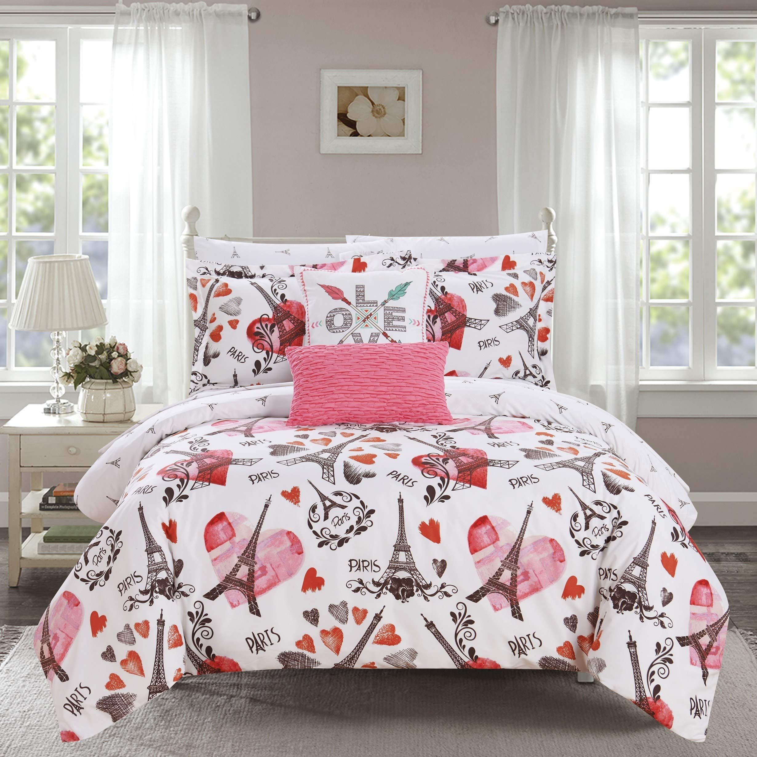 7-Piece Eiffel Tower Comforter Set Twin Size - Paris Themed Bedding for Girls in Pink, Red & Black with Romantic Heart & France City Patterns | Soft Microfiber | Perfect for Teen Bedrooms, Dorm Decor & Paris-Themed Gift Ideas