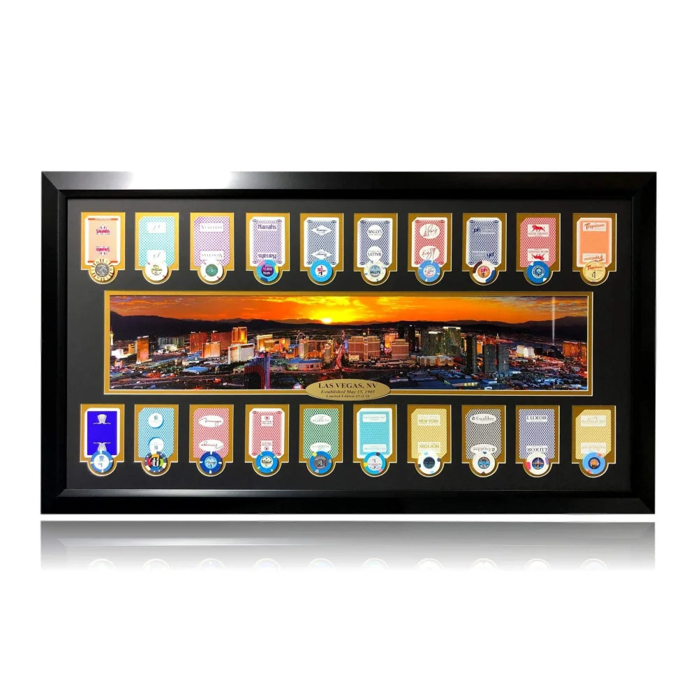 Authentic Las Vegas Hotel Casino Playing Cards & Poker Chips Collage - Framed Wall Art for Game Room Decor (Set of 10) - Perfect for Poker Lovers, Man Cave, and Casino Themed Home Decor