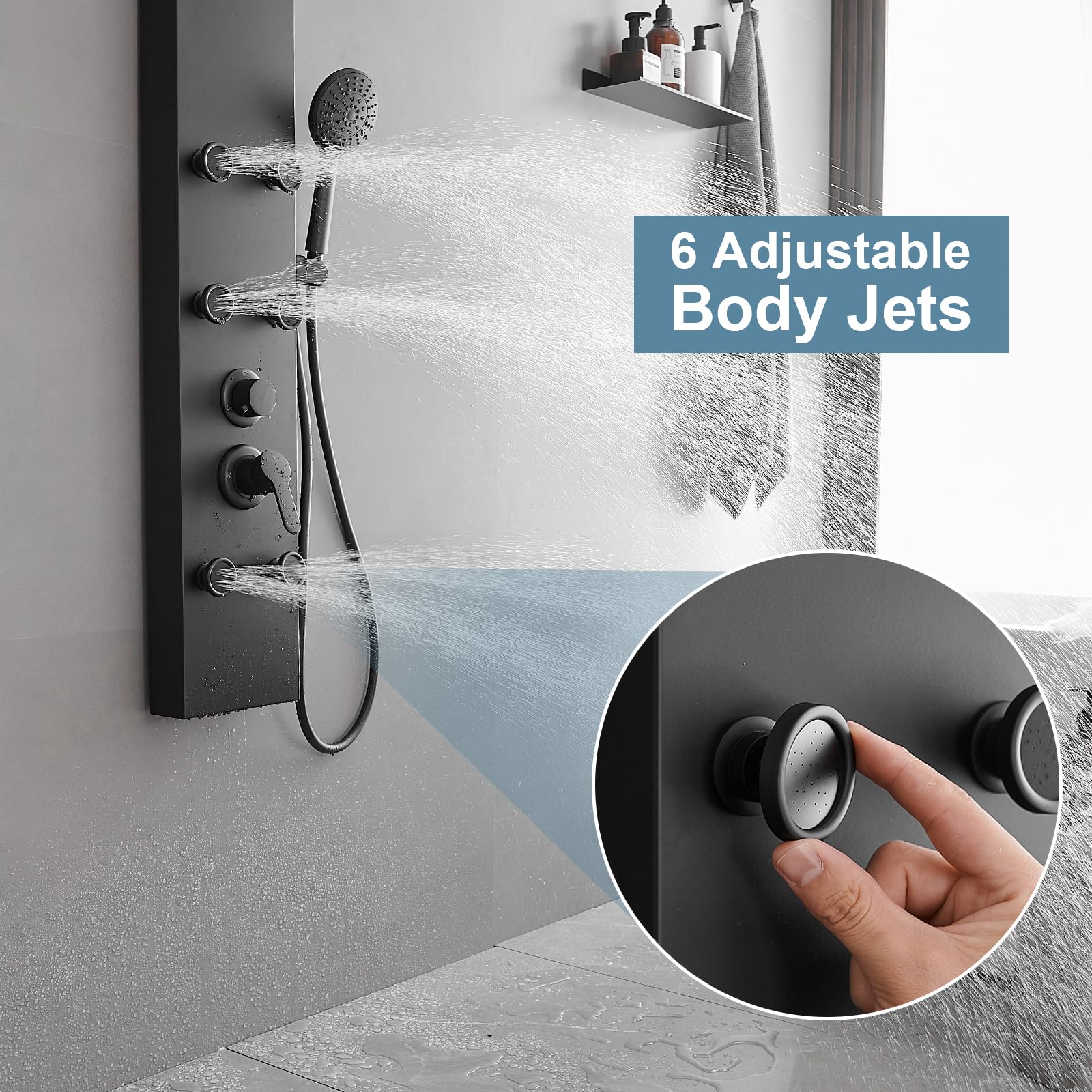 Homevacious Matte Black Stainless Steel Shower Panel System - Adjustable Rainfall Shower Head with 6 Body Jets & 4-Setting Handheld Shower | Wall Mounted Bathroom Spa Experience for Full Body Relaxation | Perfect for Master Bathrooms, Luxury Showers & Modern Home Renovations