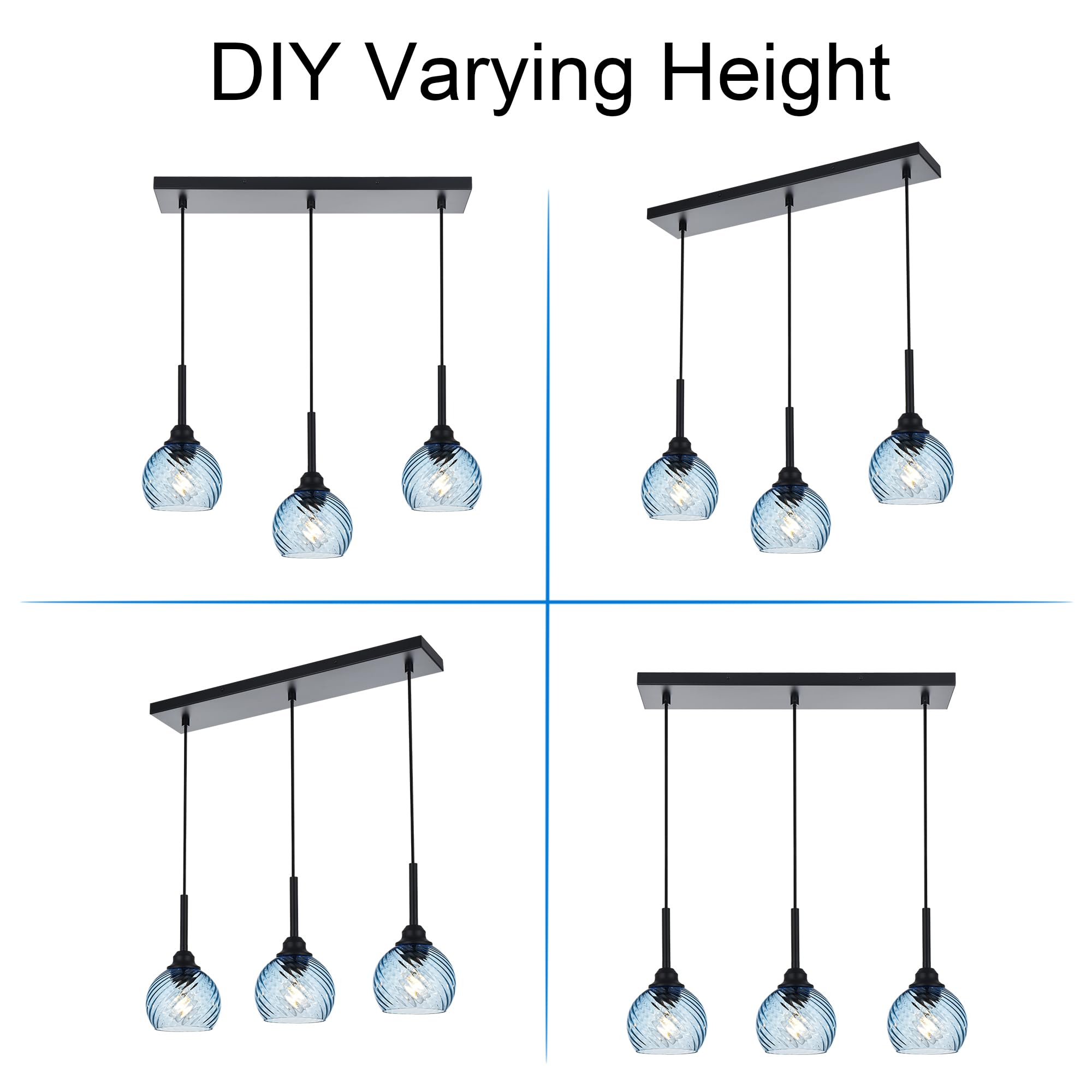 Black Linear Hanging Pendant Light Fixture - 3-Light Farmhouse Chandelier with Striped Swirl Glass Globes for Kitchen Island, Dining Room, Bar & Living Room | Modern Rustic Lighting for Home Decor