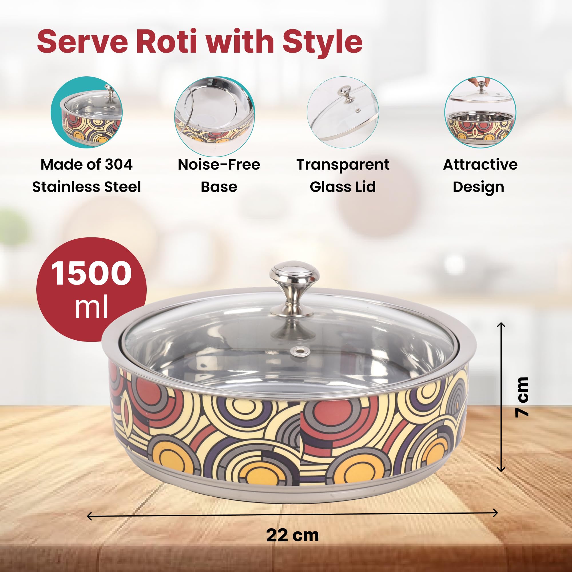 USHA SHRIRAM 1500ml Insulated Stainless Steel Roti Casserole - Hot Chapati Storage Box for Kitchen, Curry Serving Bowl Set - Perfect for Meal Prep, Picnics & Indian Food Presentation (Print 3)