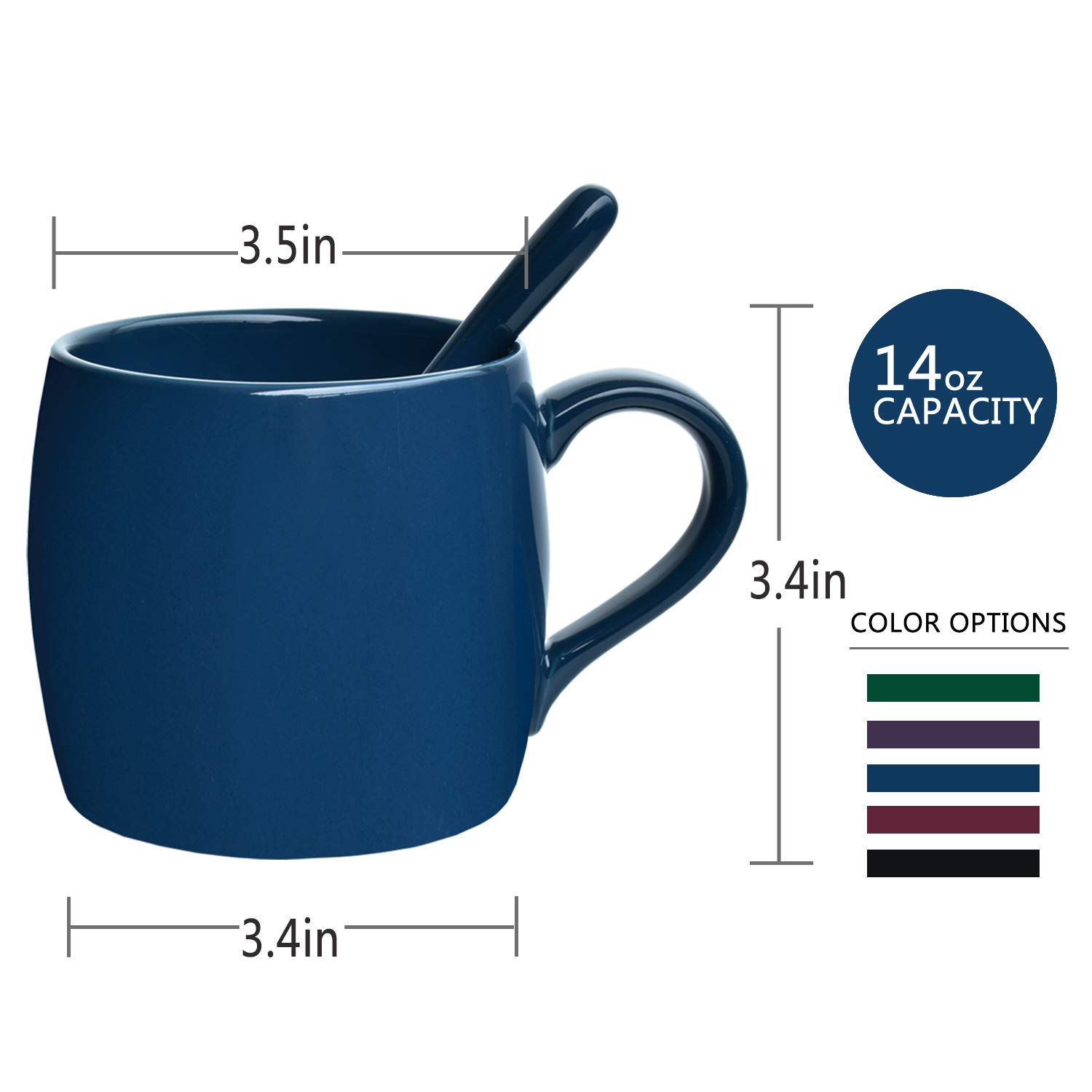 Bosmarlin 14 oz Ceramic Coffee Mug with Spoon - Blue Glossy Tea Cup for Office, Home, Travel - Dishwasher & Microwave Safe - Perfect for Hot Beverages, Soups, and Desserts (1 Pack)