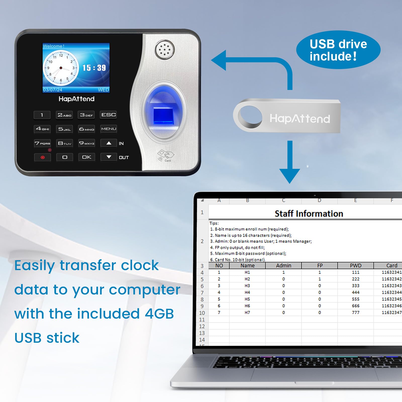Standalone Biometric Time Clock with Fingerprint, RFID & PIN - 15 RFID Cards Included | No Monthly Fees | Ideal for Small Business, Office & Retail Employee Attendance Tracking