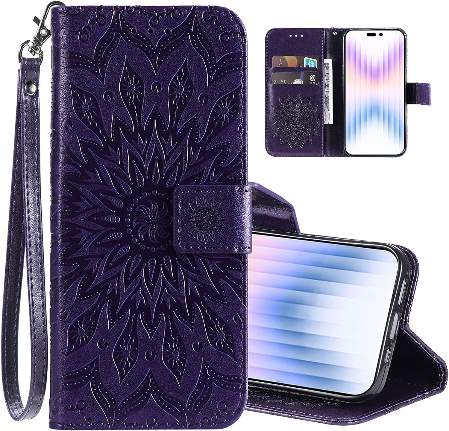iPhone 14 Pro Max Case - Premium Magnetic Folio Cover with Embossed Sunflower Design | Shockproof & Scratch Resistant Protection | Perfect for Work, Travel & Everyday Use