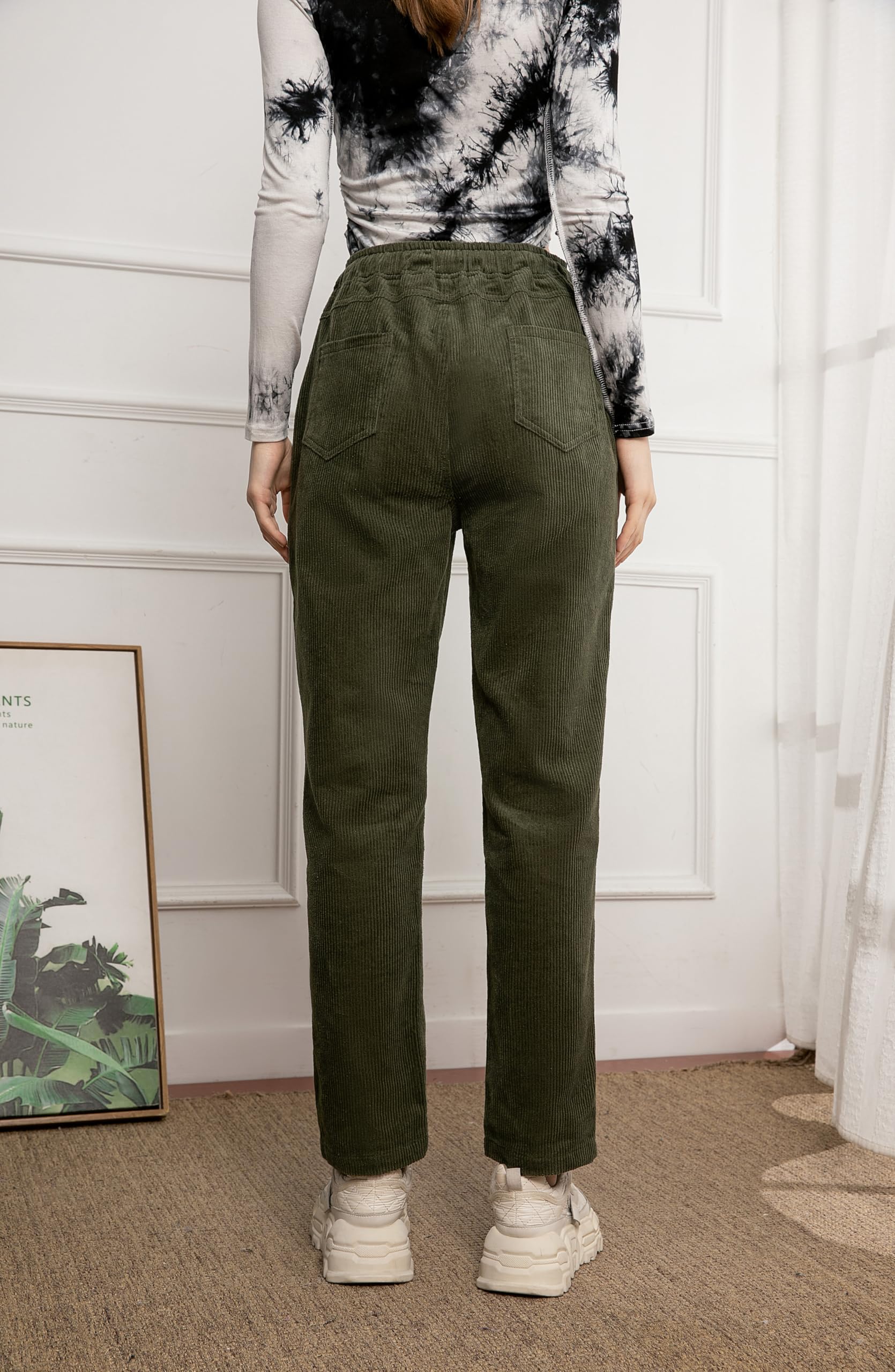 Minibee Women's Corduroy Pants - Soft Stretch Elastic Waist Pull-On Trousers with Drawstring | Comfortable Casual Cotton Pants for Work, Travel & Everyday Wear