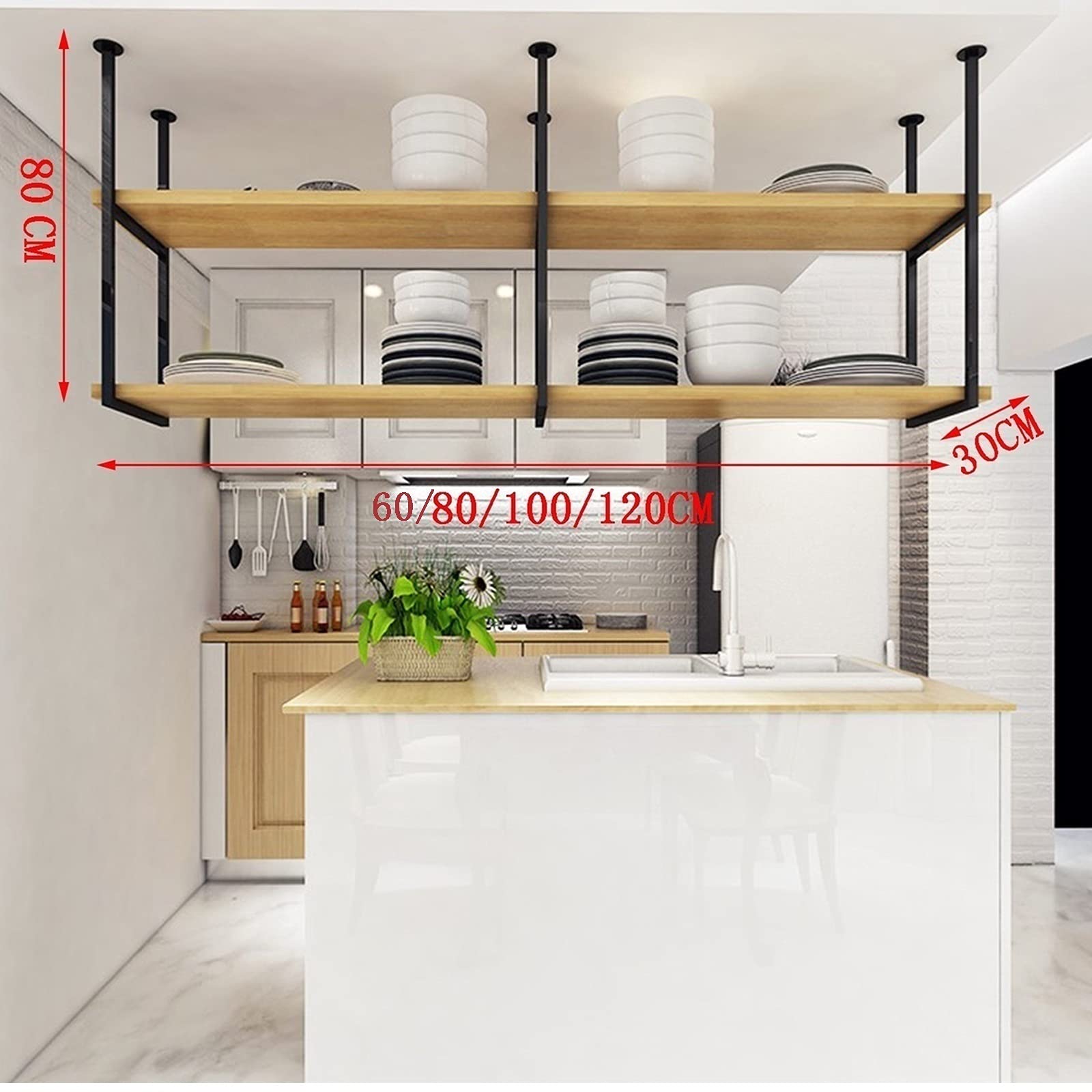 Black Ceiling-Mounted Floating Shelf - 120x30x80cm (47x12x31 inch) Multi-Purpose Hanging Storage for Wine, Books, Plants & Decor - Perfect for Kitchen, Bedroom, Bar & Living Room Wall Organization