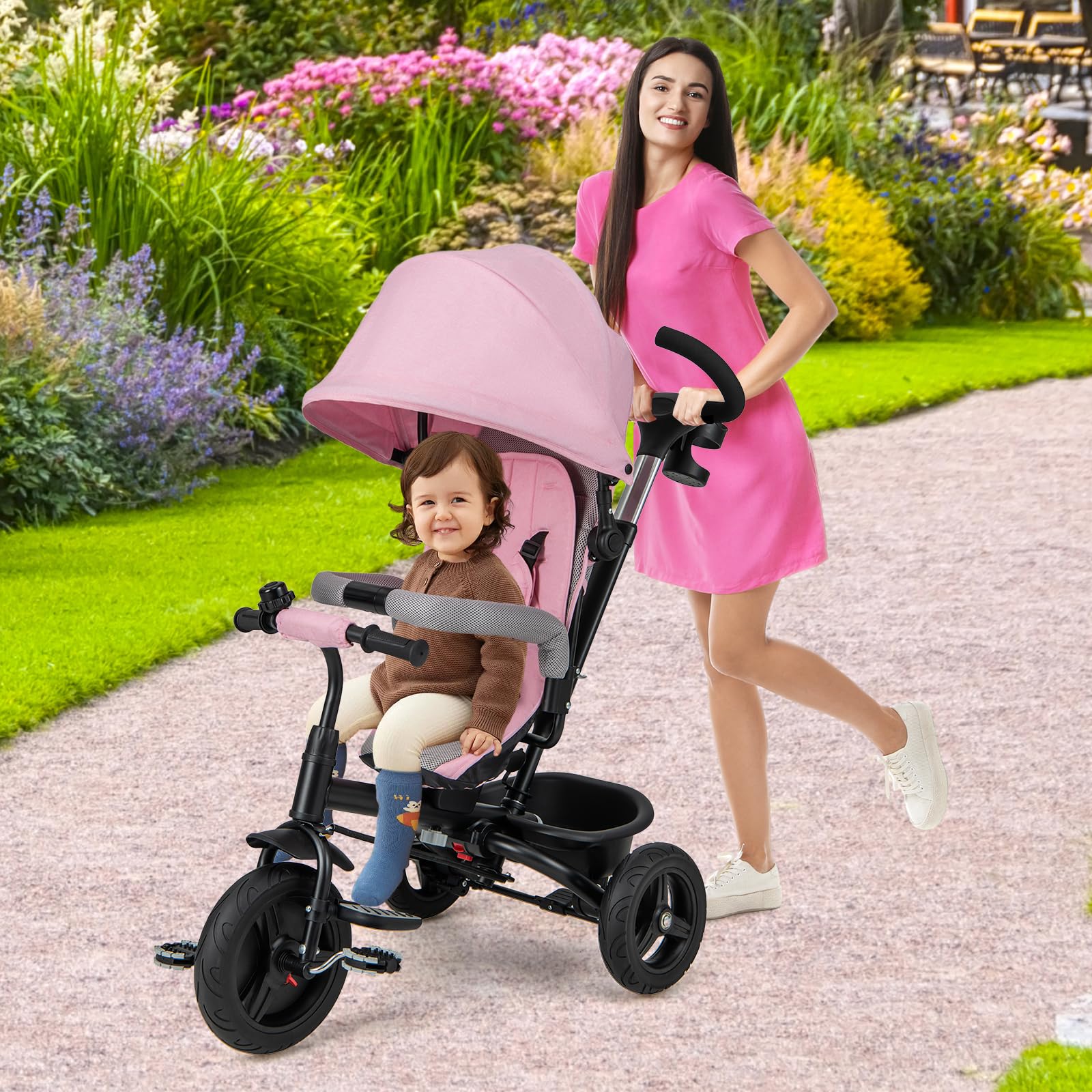 HONEY JOY 6-in-1 Convertible Kids Tricycle with Adjustable Push Handle & Canopy - Reversible Seat, Safety Belt, Folding Pedals, Cup Holder & Storage - Toddler Tricycle for Ages 9 Months to 5 Years (Pink) - Perfect for Outdoor Play, Park Rides & Neighborhood Strolls