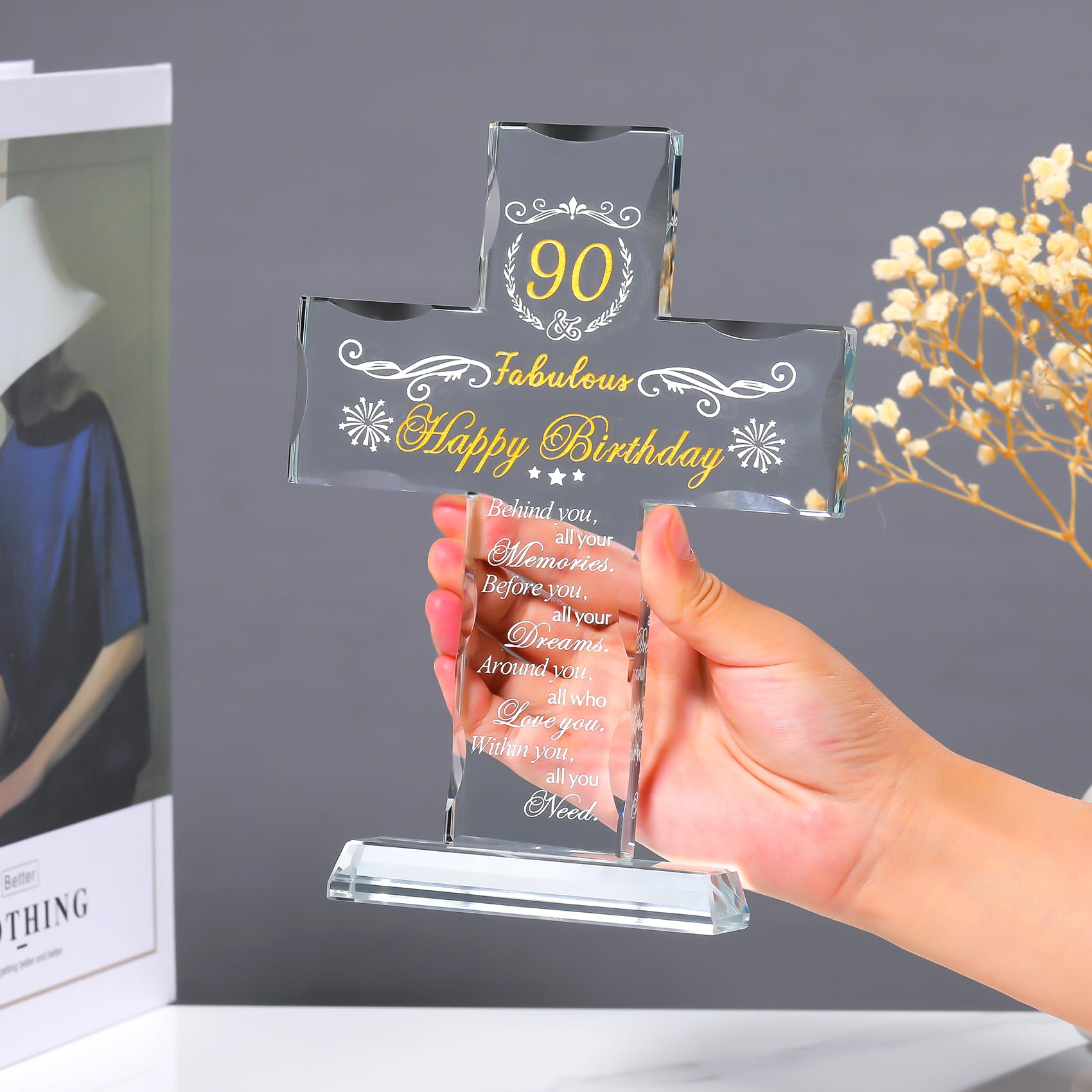 90th Birthday Religious Gifts for Women & Men - Elegant Glass Stand Cross with '90 & Fabulous' Blessing - Perfect 90th Birthday Present for Grandma, Mom & Friends - Ideal for Church Celebrations, Milestone Anniversaries & Christian Home Decor