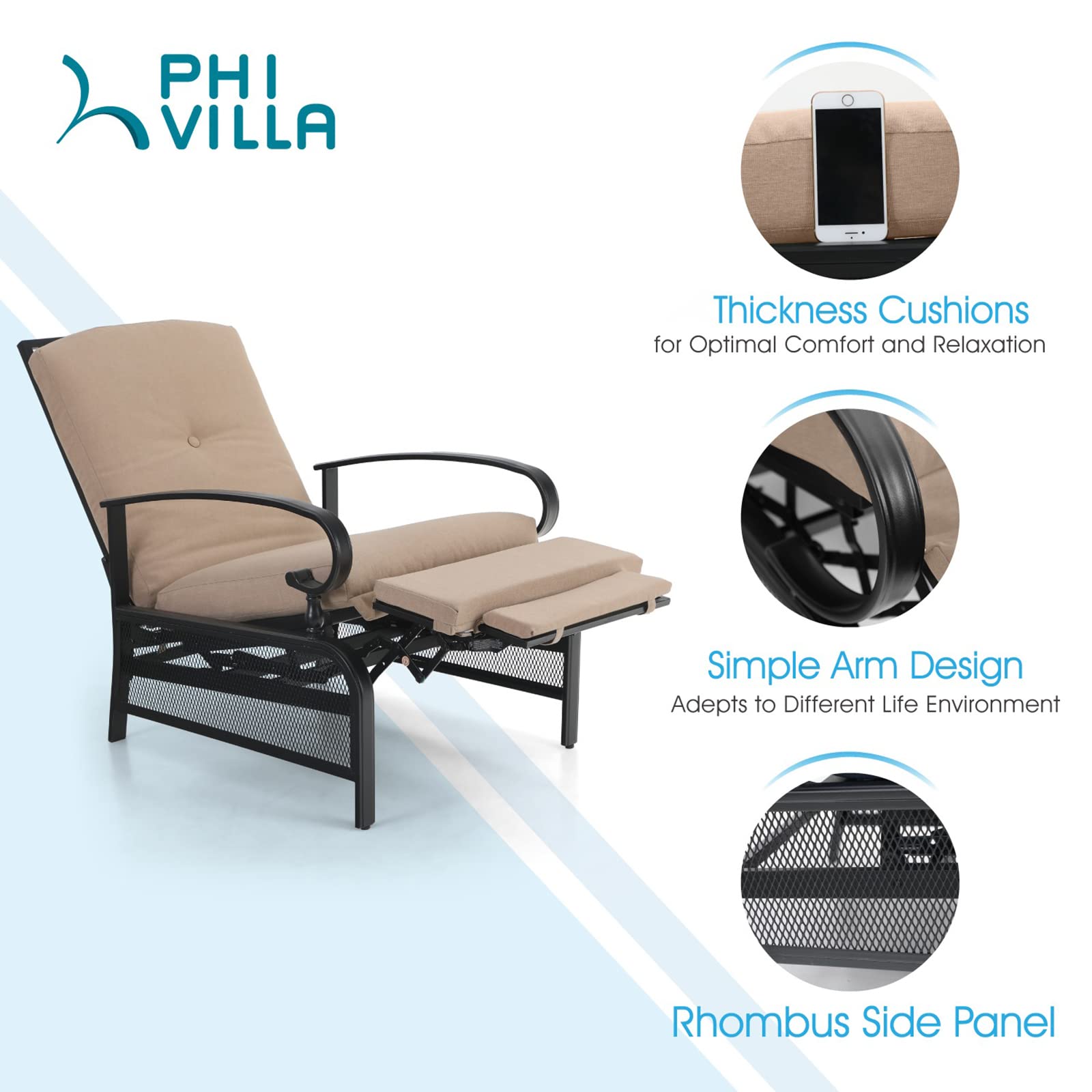 PHI VILLA Adjustable Patio Recliner Chair with Umbrella Table Set - Outdoor Lounge Chair for Poolside, Beach, Garden & Backyard Relaxation - Beige