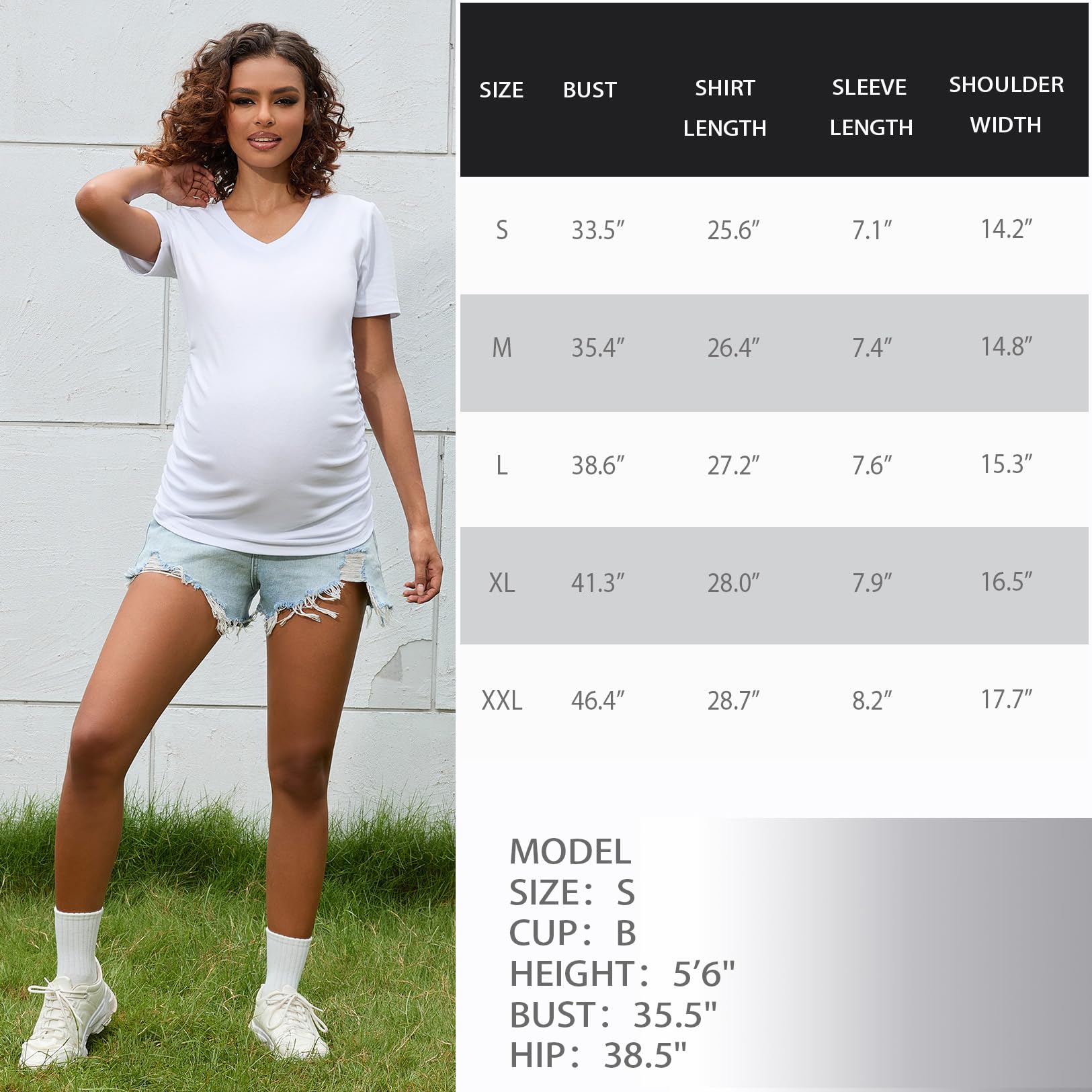 Bhome Maternity Shirt - Soft Cotton Short Sleeve Pregnancy T-Shirt with Side Ruched Design for Comfortable Fit - Perfect for Everyday Wear, Maternity Photos & Baby Showers